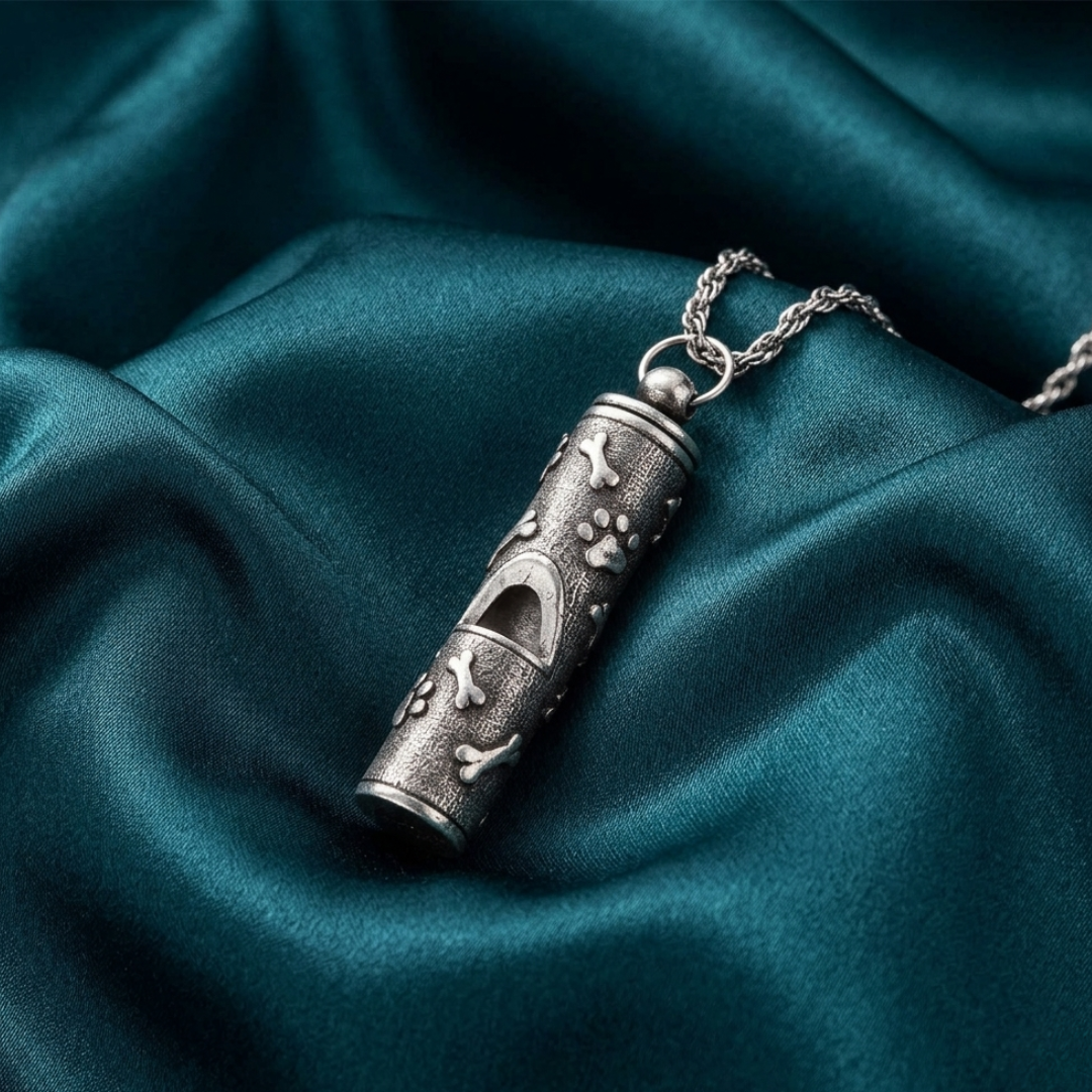 Silver decorative dog-themed whistle pendant on a dark teal fabric background