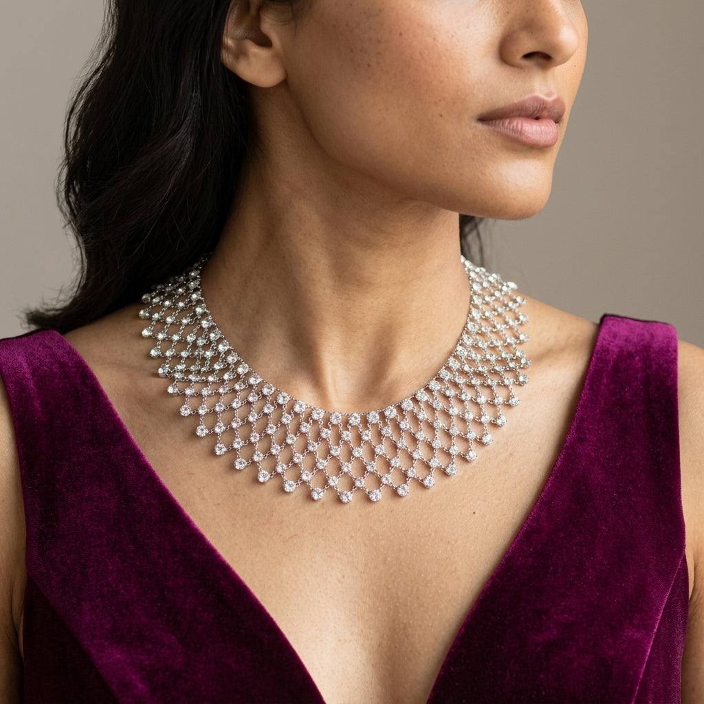 Woman wearing a sparkling vintage Austrian crystal necklace with an elegant fuchsia velvet dress