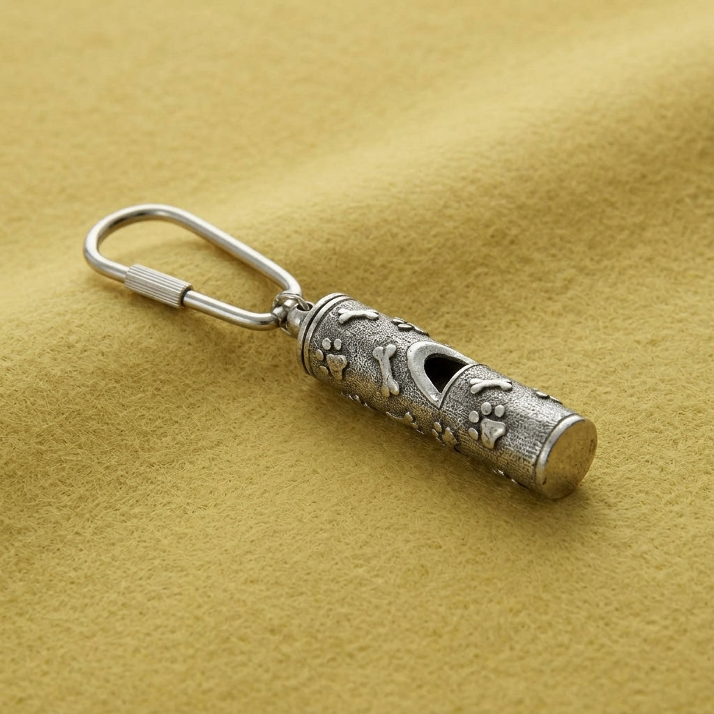 Silver Paws And Bones Whistle Carabiner Key Chain resting on yellow colored felt