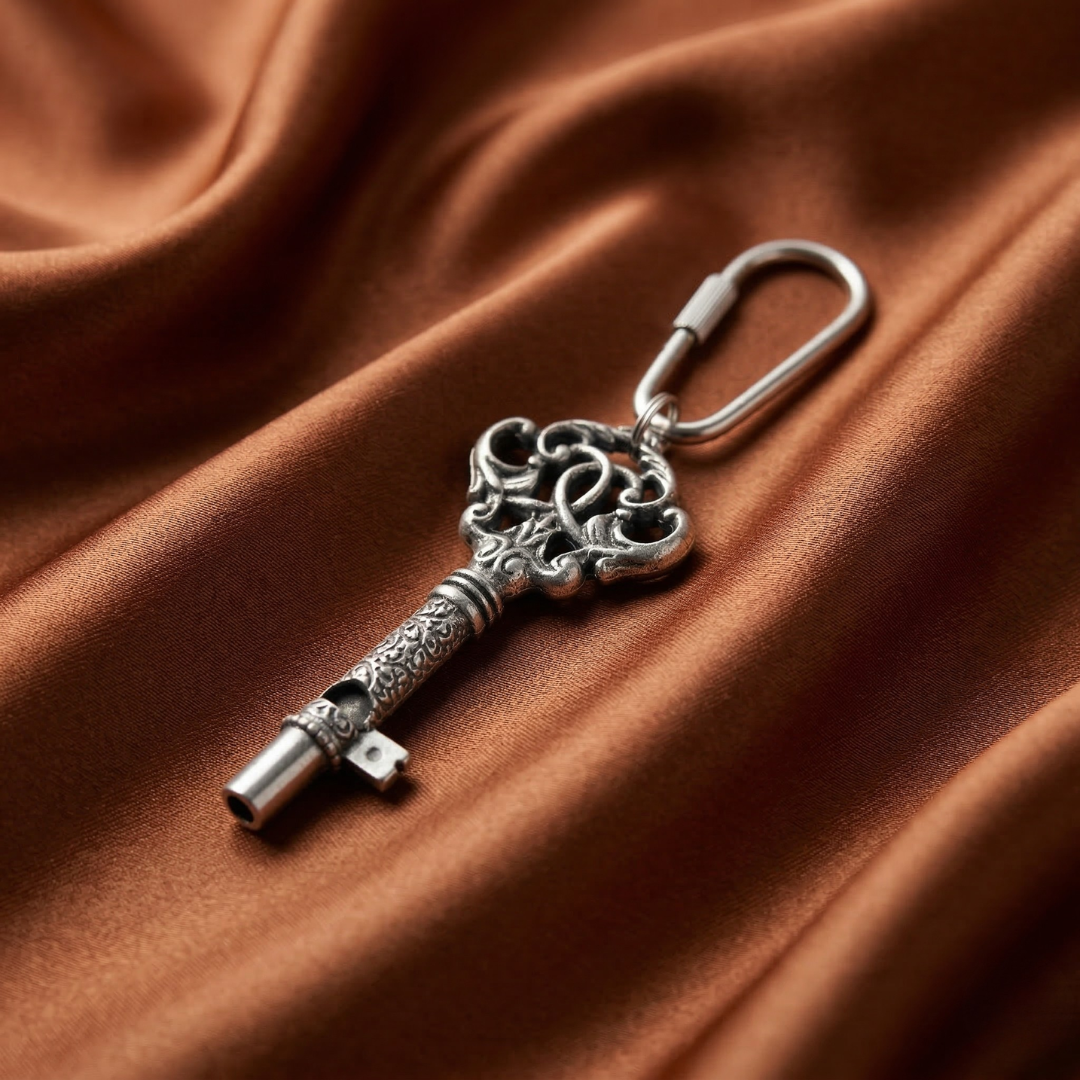 Decorative silver key-shaped whistle keychain on a brown fabric background