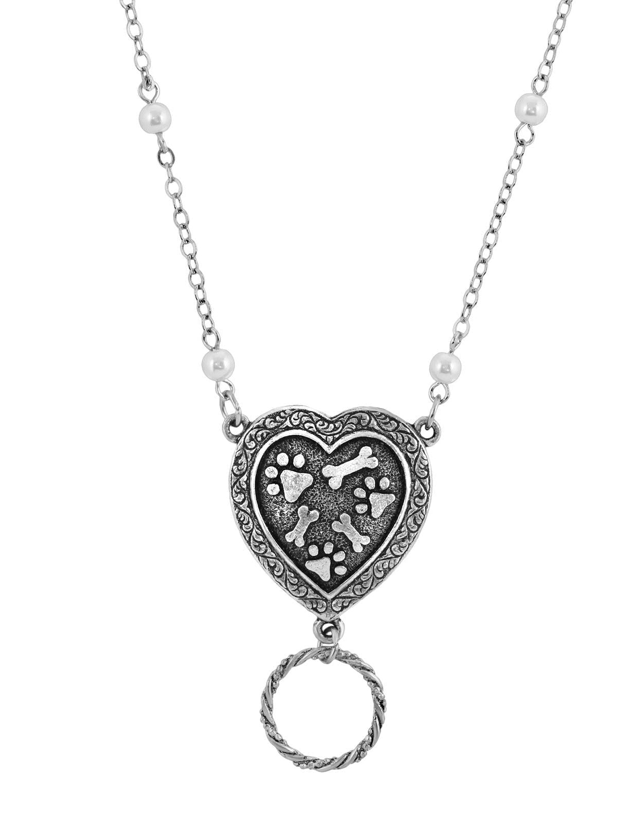 1928 Jewelry Pewter Faux Pearl Heart Paws And Bones Eye Glass Holder Pendant Necklace 28"