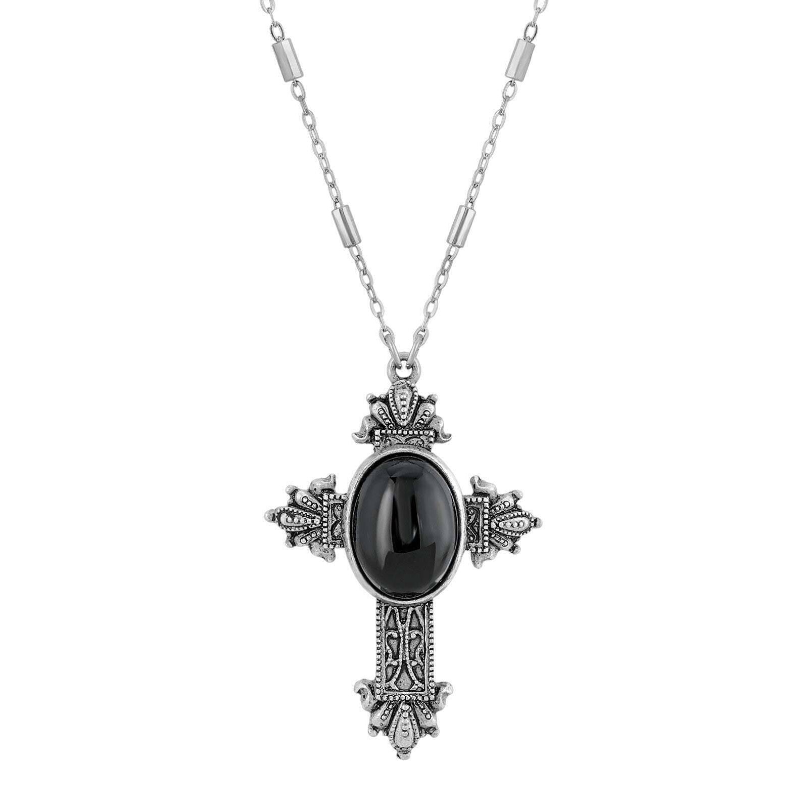 Symbols Of Faith Oval Genuine Gemstone Intricate Cross Pendant Necklace 28"