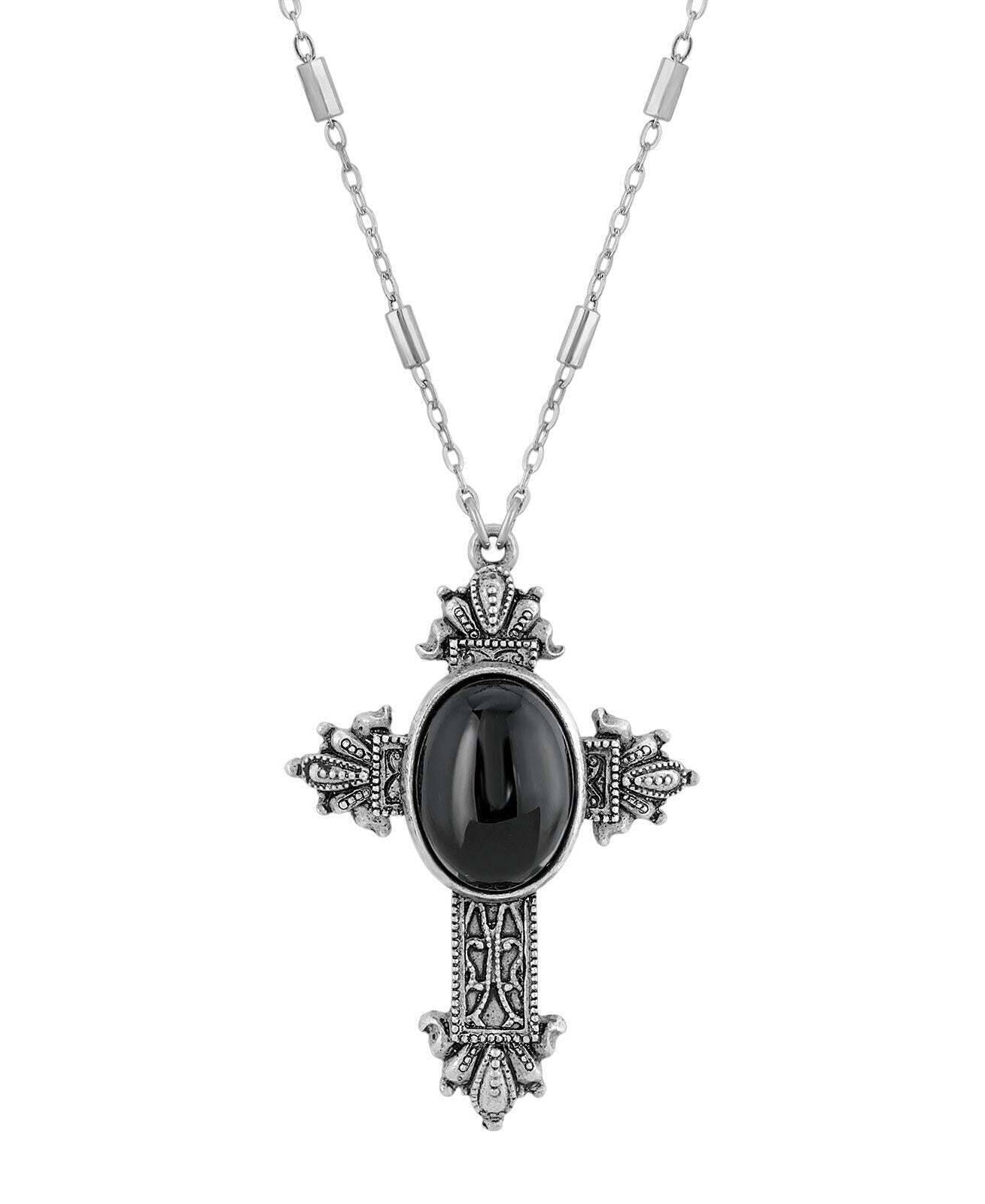 Symbols Of Faith Oval Genuine Gemstone Intricate Cross Pendant Necklace 28"