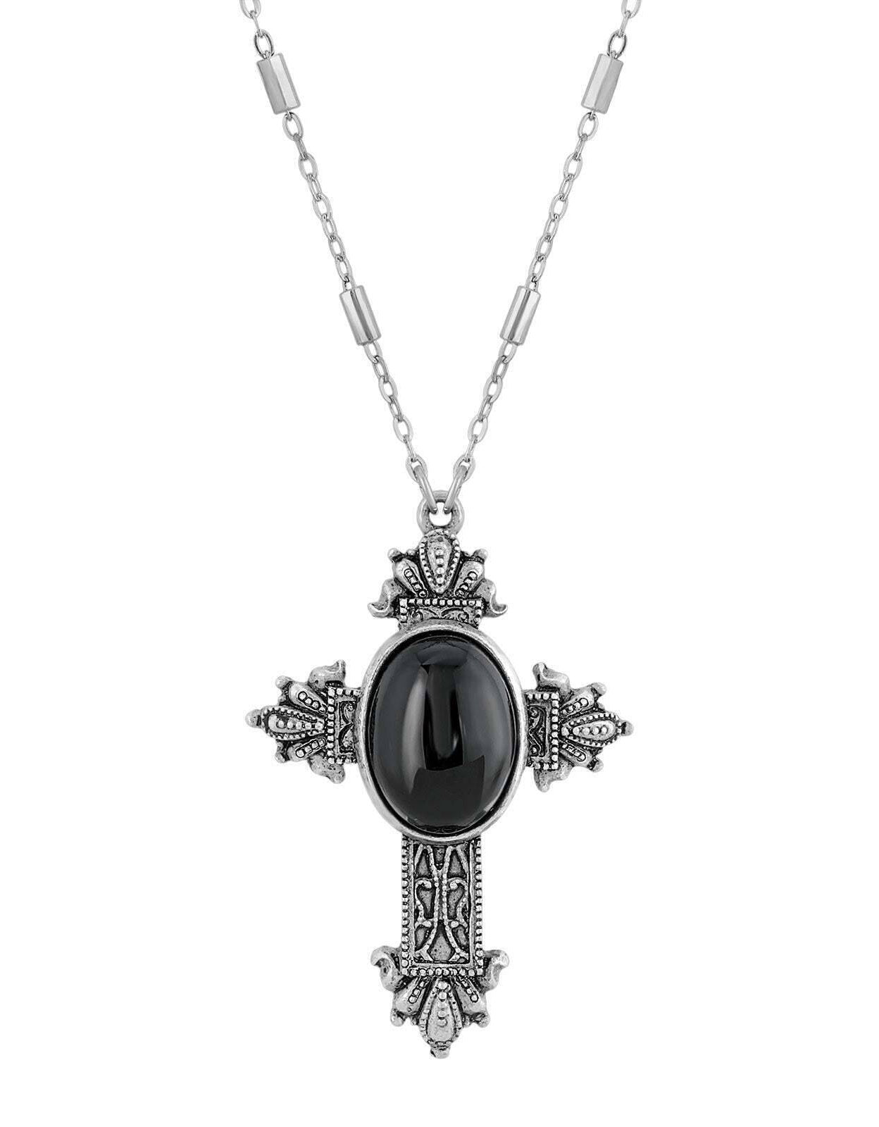 Symbols Of Faith Oval Genuine Gemstone Intricate Cross Pendant Necklace 28"