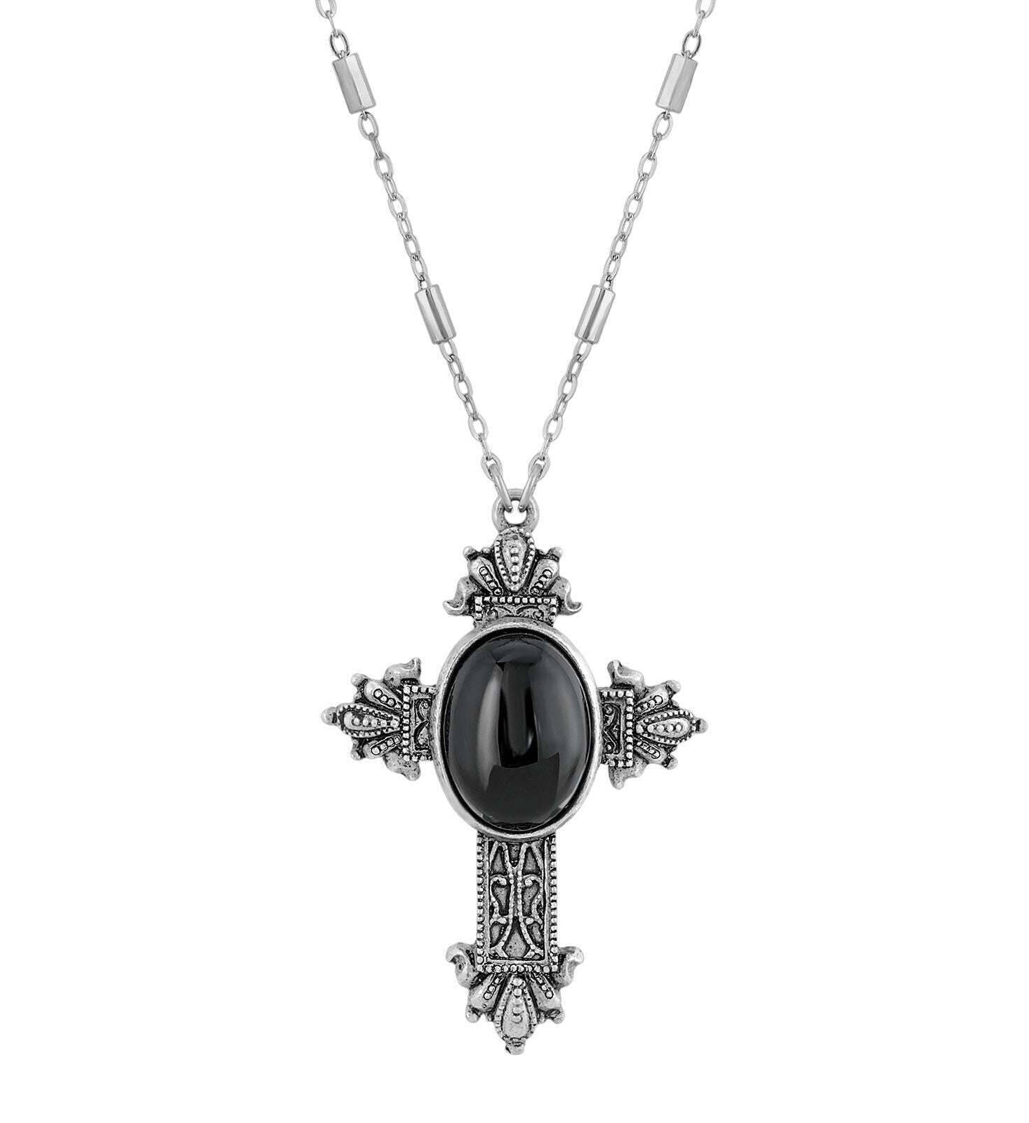 Symbols Of Faith Oval Genuine Gemstone Intricate Cross Pendant Necklace 28"