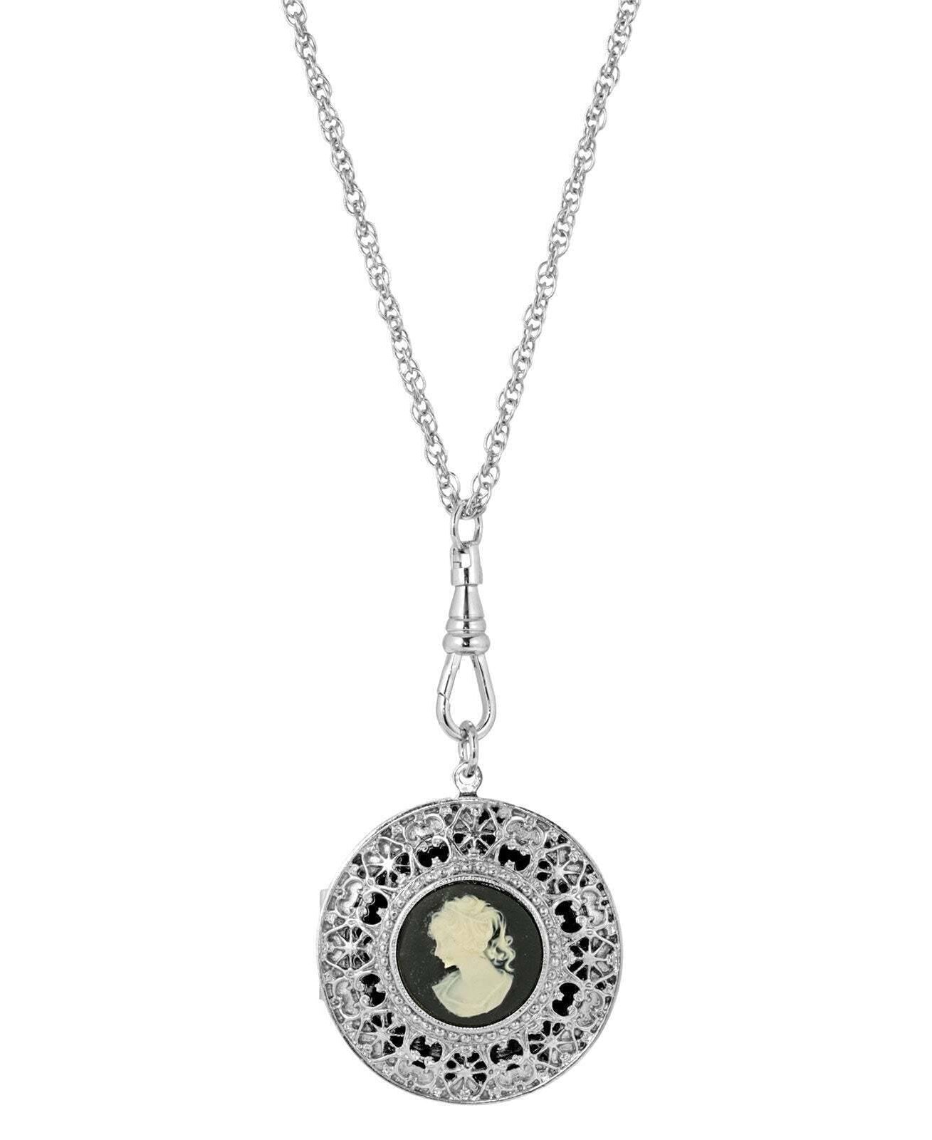 1928 Jewelry Cameo Round Ornate Filigree Locket Necklace 30"