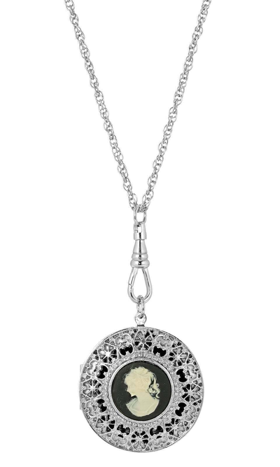 1928 Jewelry Cameo Round Ornate Filigree Locket Necklace 30"