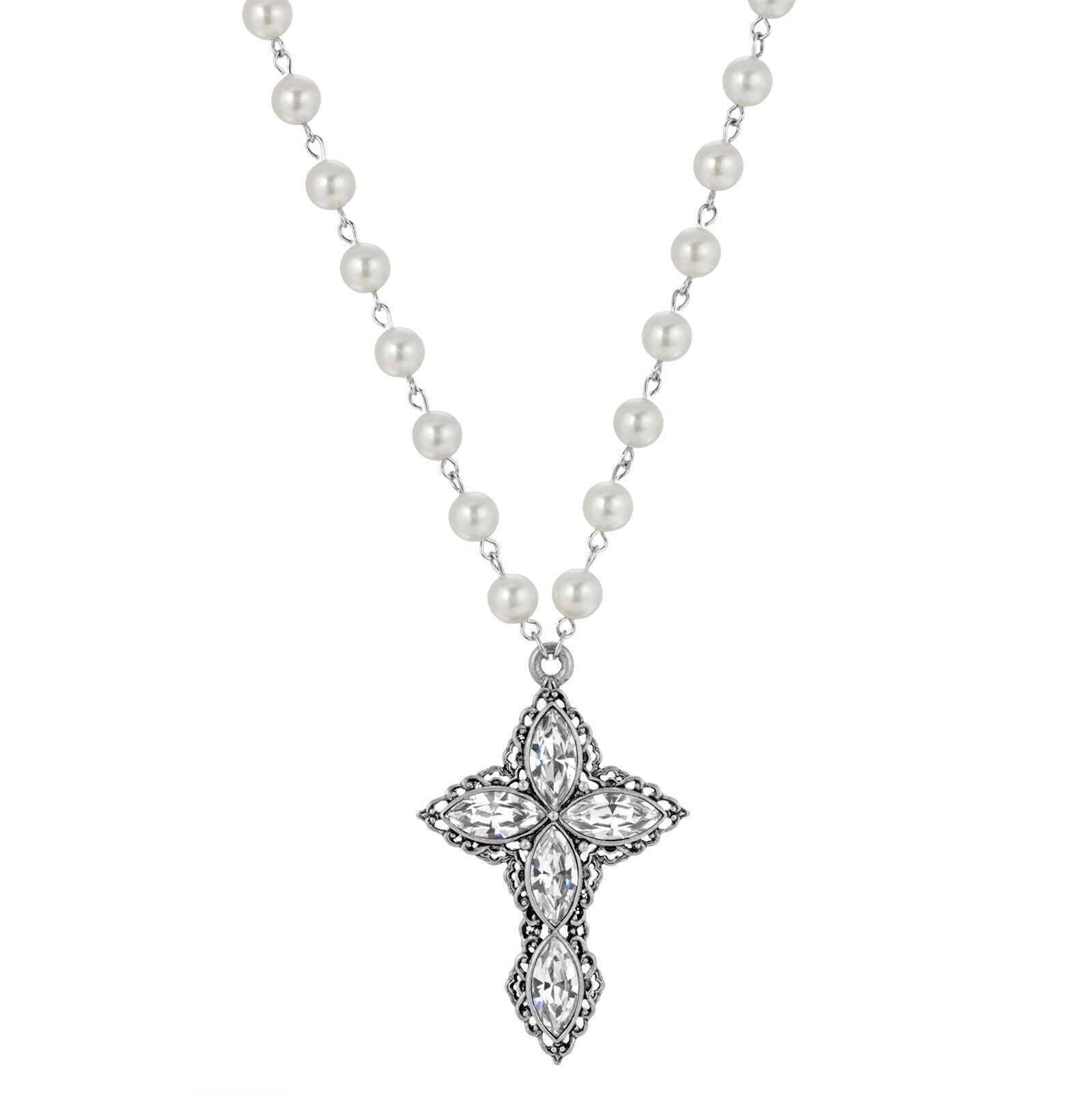 1928 Jewelry Pewter Navette Crystal And 8mm Faux Pearl Cross Pendant Necklace 16" + 3" Extender