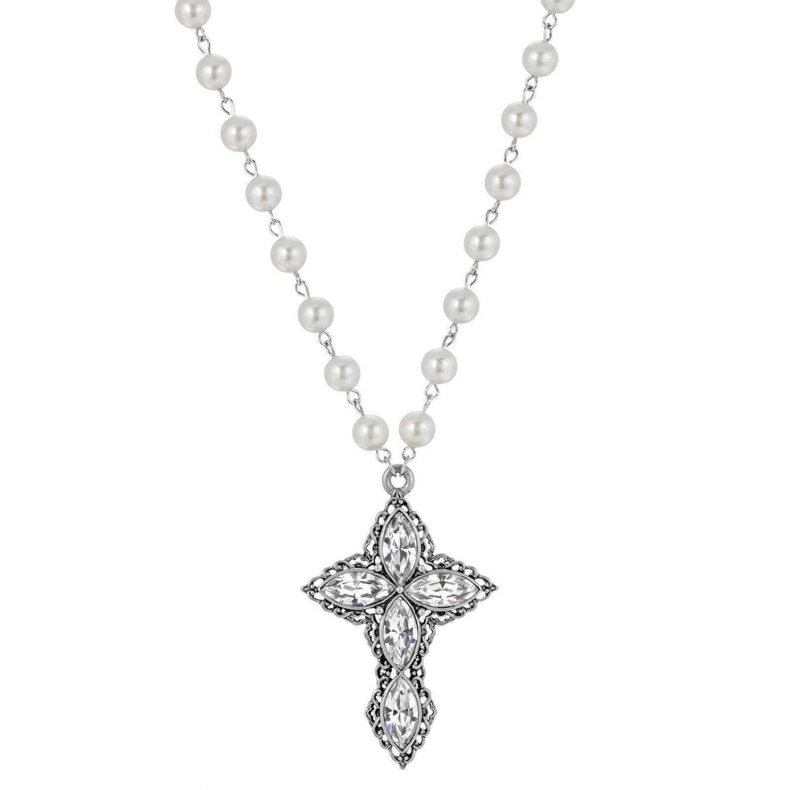 1928 Jewelry Pewter Navette Crystal And 8mm Faux Pearl Cross Pendant Necklace 16" + 3" Extender