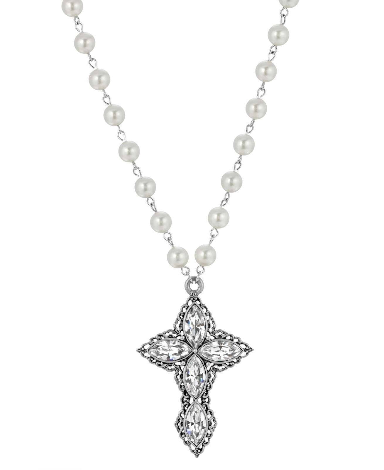 1928 Jewelry Pewter Navette Crystal And 8mm Faux Pearl Cross Pendant Necklace 16" + 3" Extender