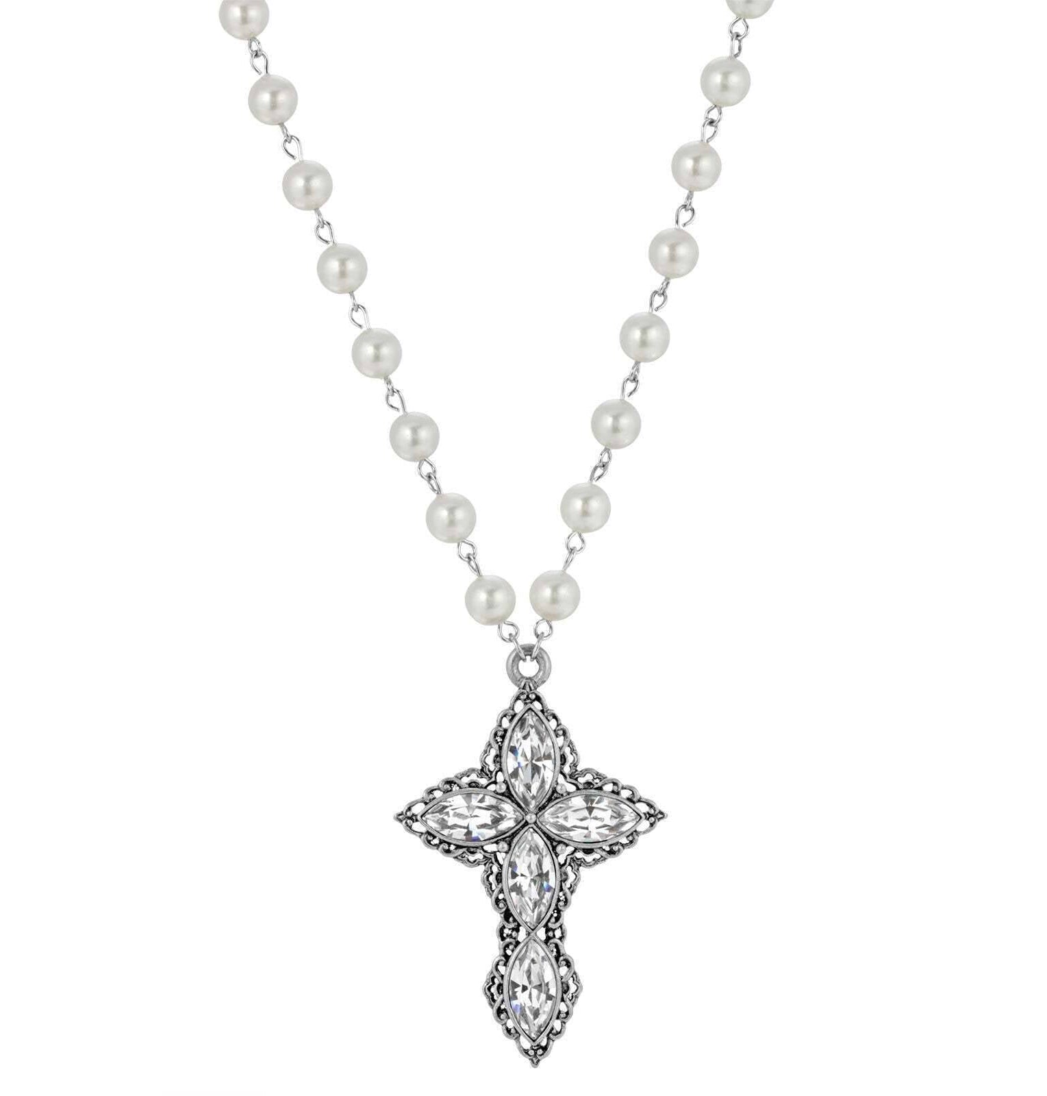 1928 Jewelry Pewter Navette Crystal And 8mm Faux Pearl Cross Pendant Necklace 16" + 3" Extender