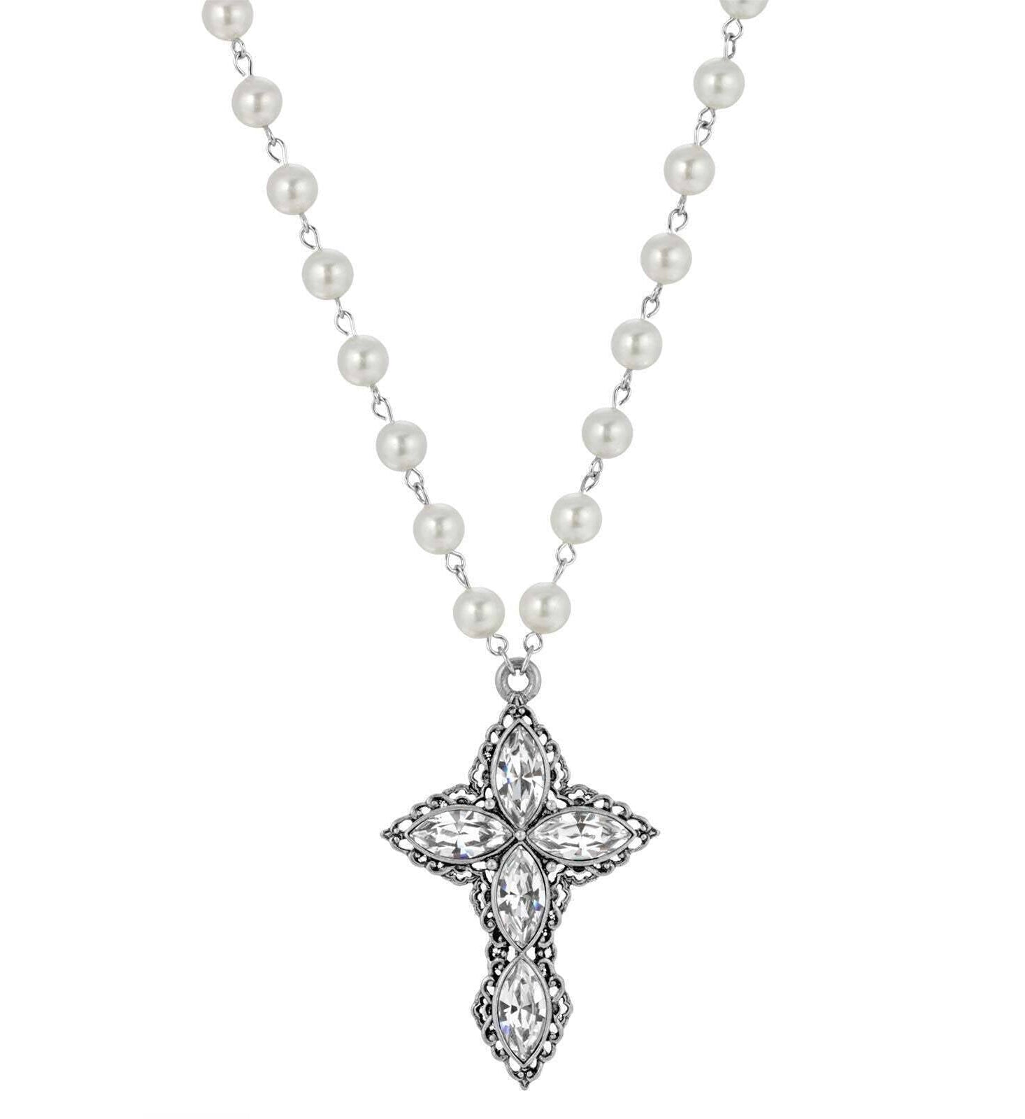 1928 Jewelry Pewter Navette Crystal And 8mm Faux Pearl Cross Pendant Necklace 16" + 3" Extender