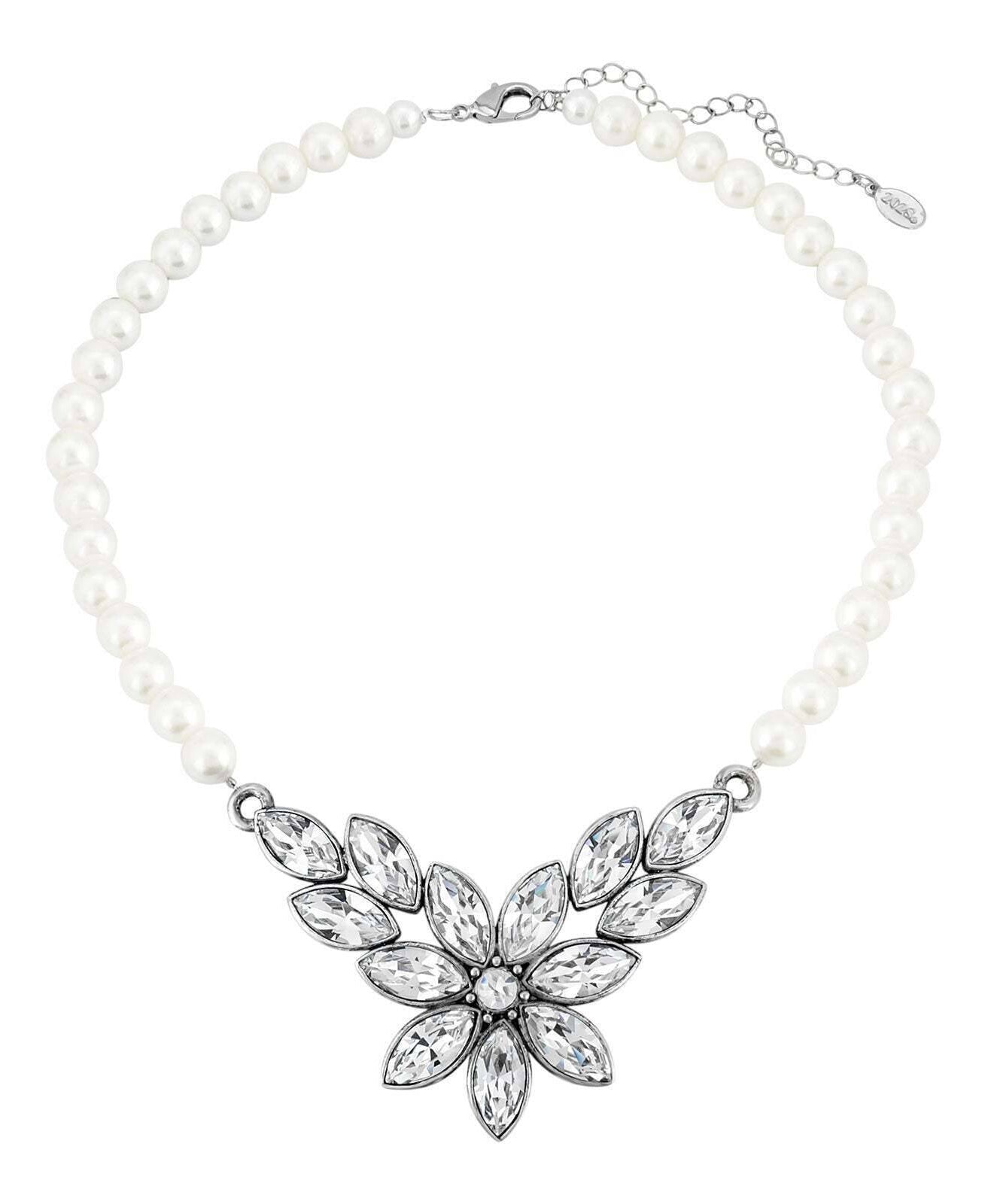 1928 Jewelry Austrian Crystal Flower & Black Glass Beaded Necklace 15 - 18" Adjustable