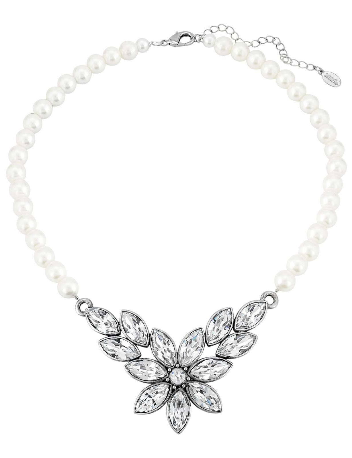 1928 Jewelry Austrian Crystal Flower & Black Glass Beaded Necklace 15 - 18" Adjustable