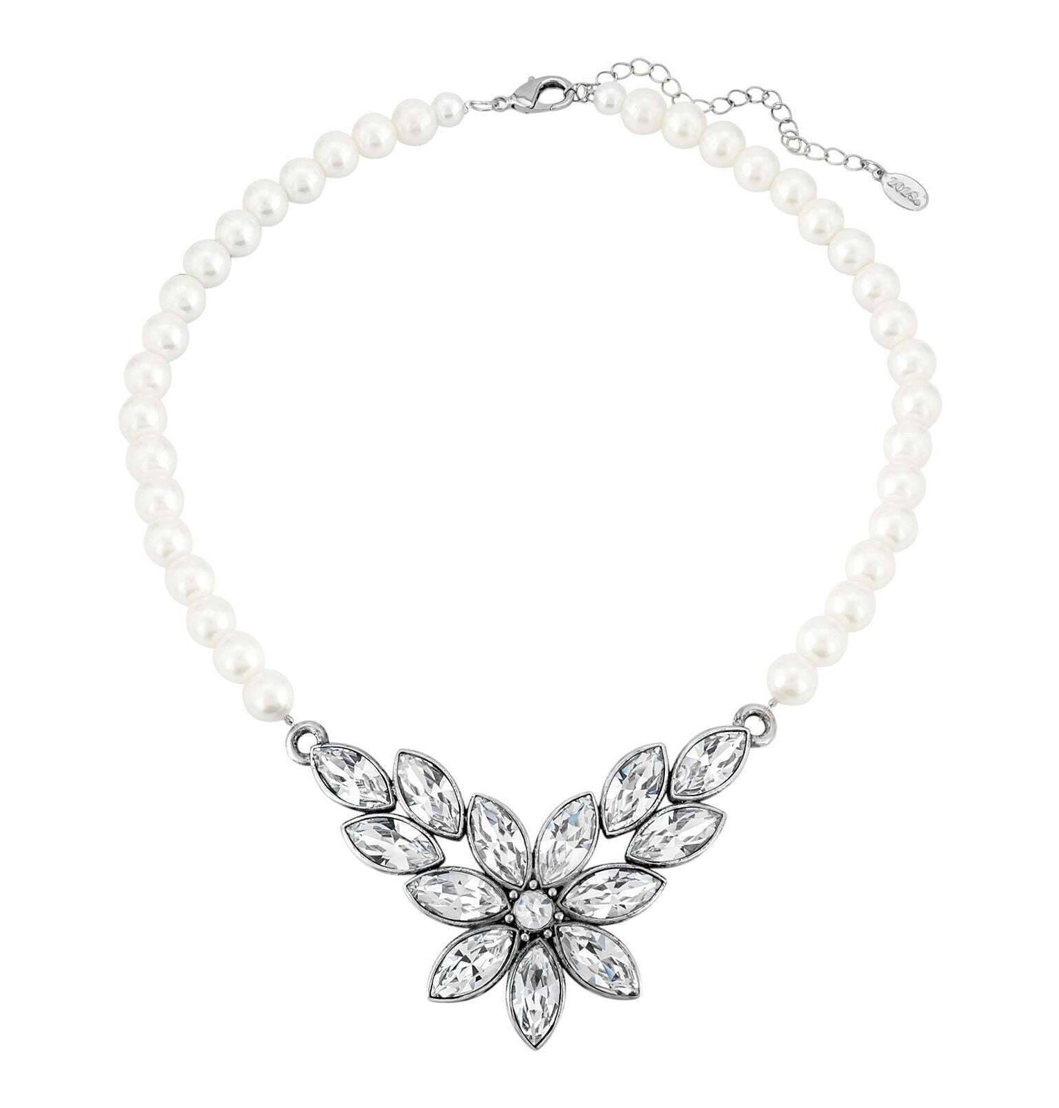 1928 Jewelry Austrian Crystal Flower & Black Glass Beaded Necklace 15 - 18" Adjustable