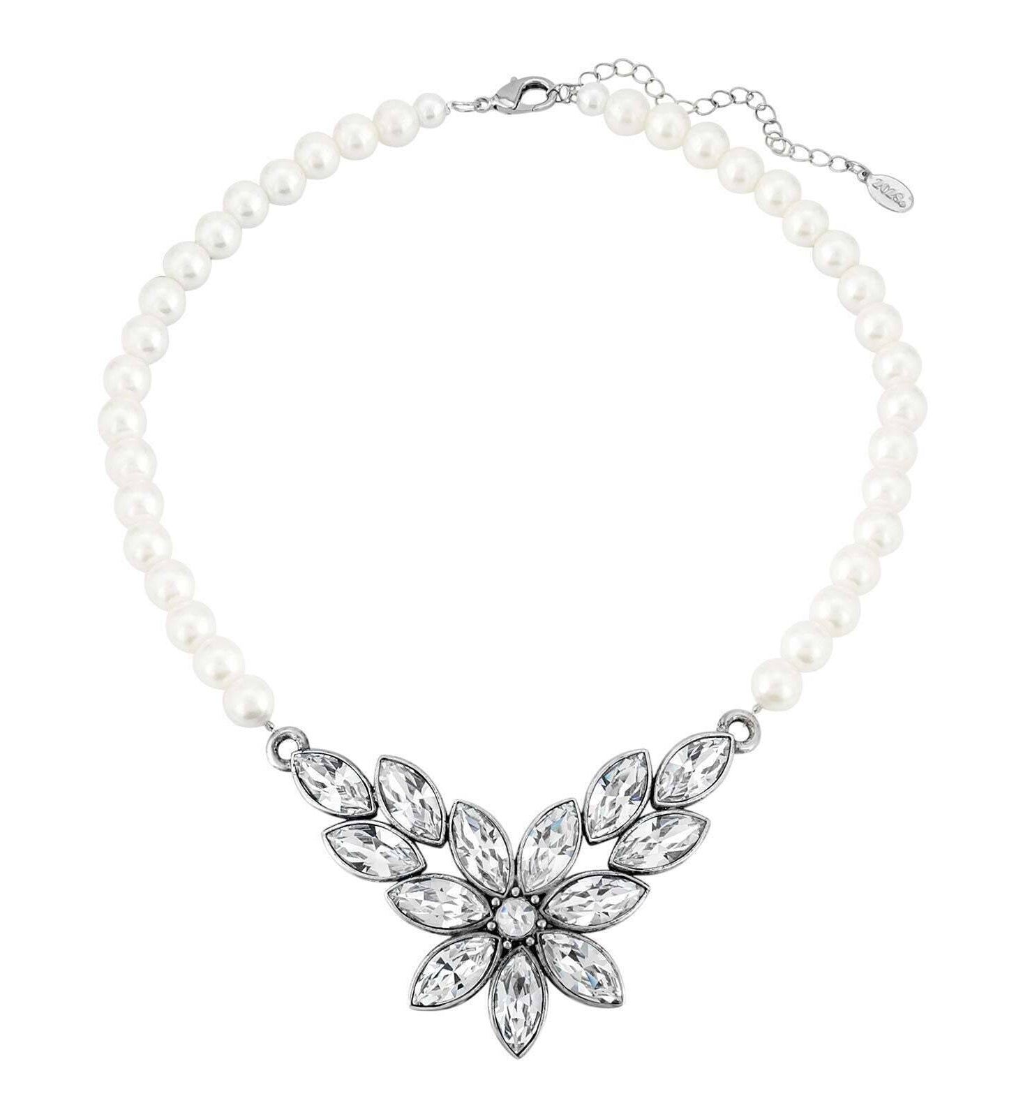 1928 Jewelry Austrian Crystal Flower & Black Glass Beaded Necklace 15 - 18" Adjustable