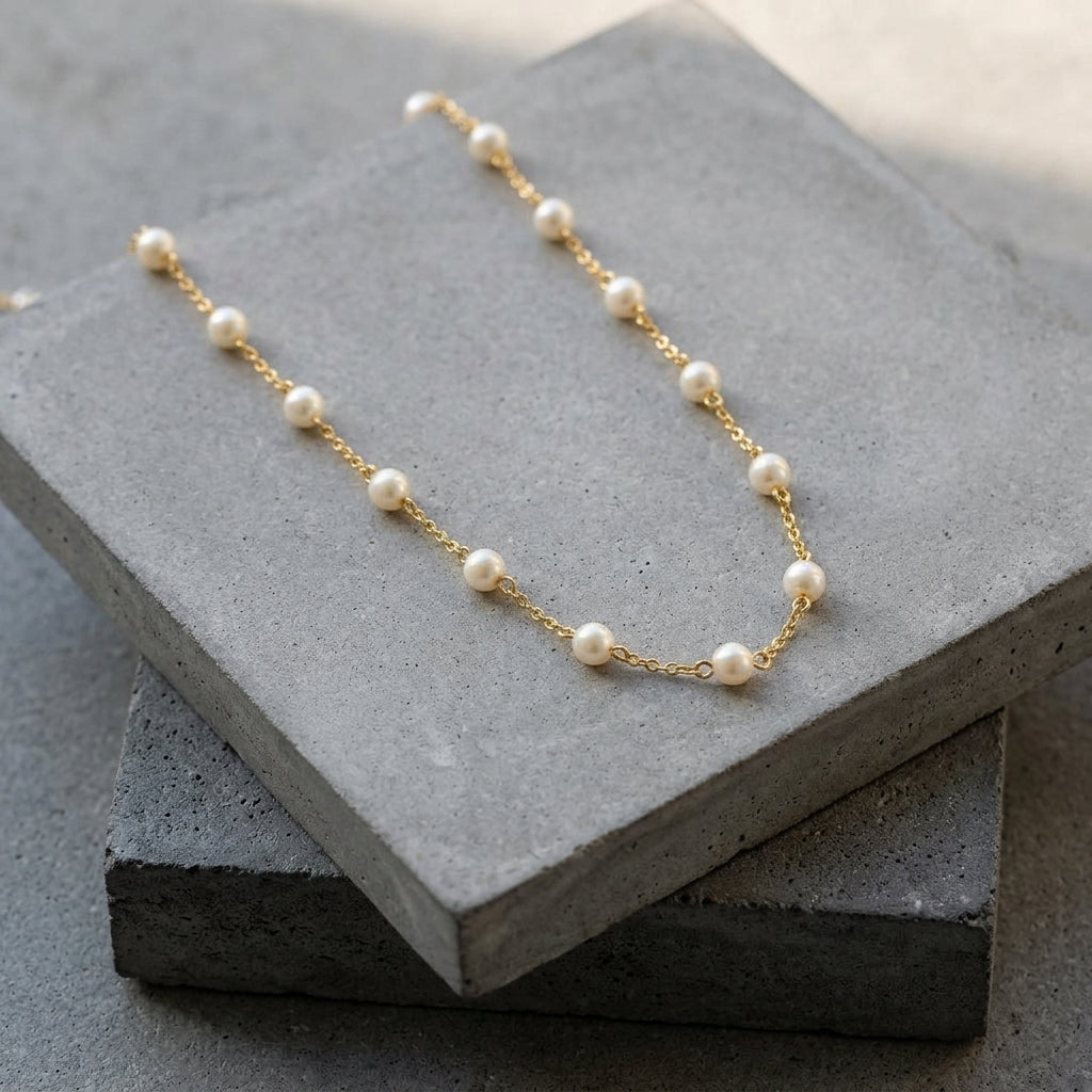 Pearl necklace on a gray stone surface