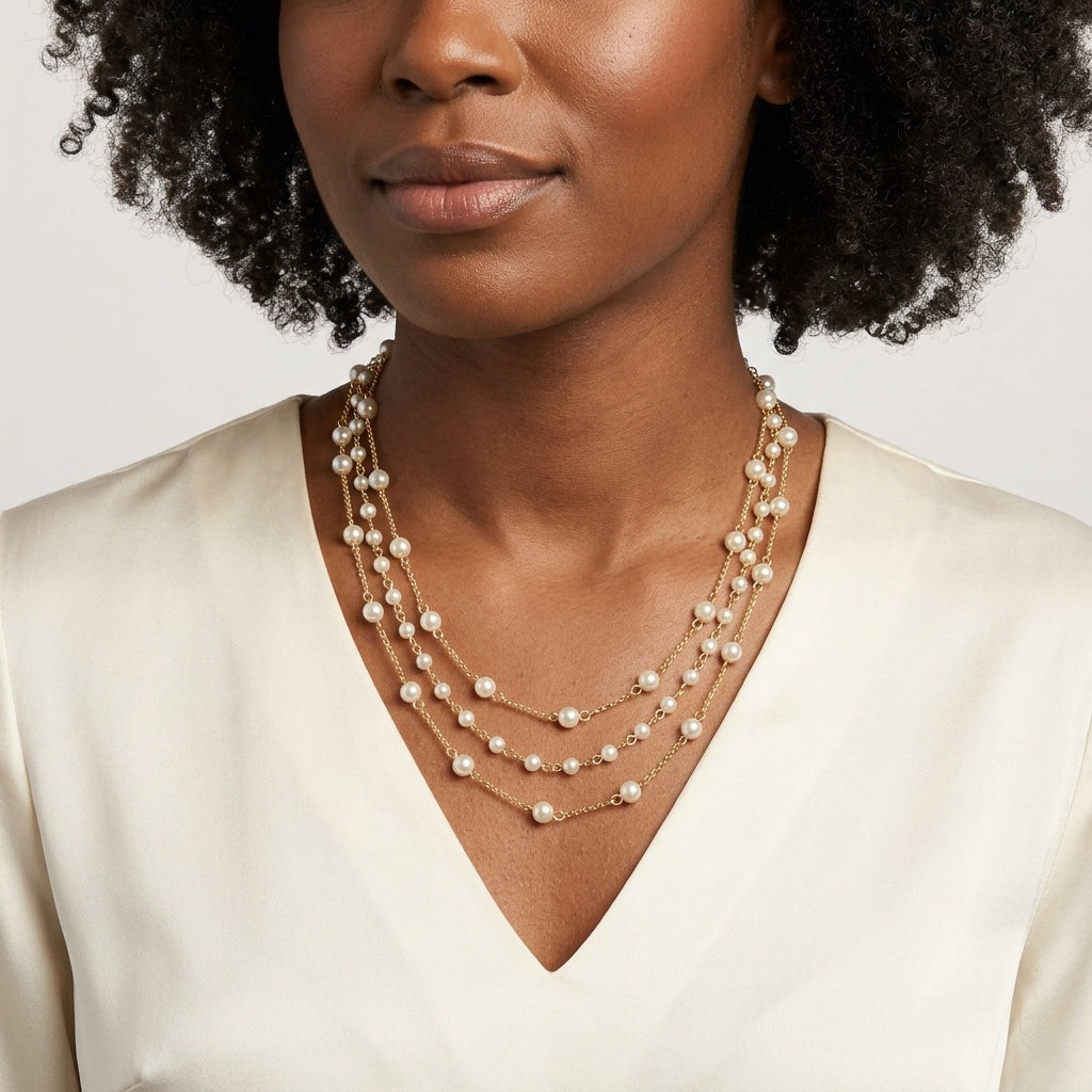 Woman with a white top wearing our Three Strand 4mm Faux Pearl Chain Necklace