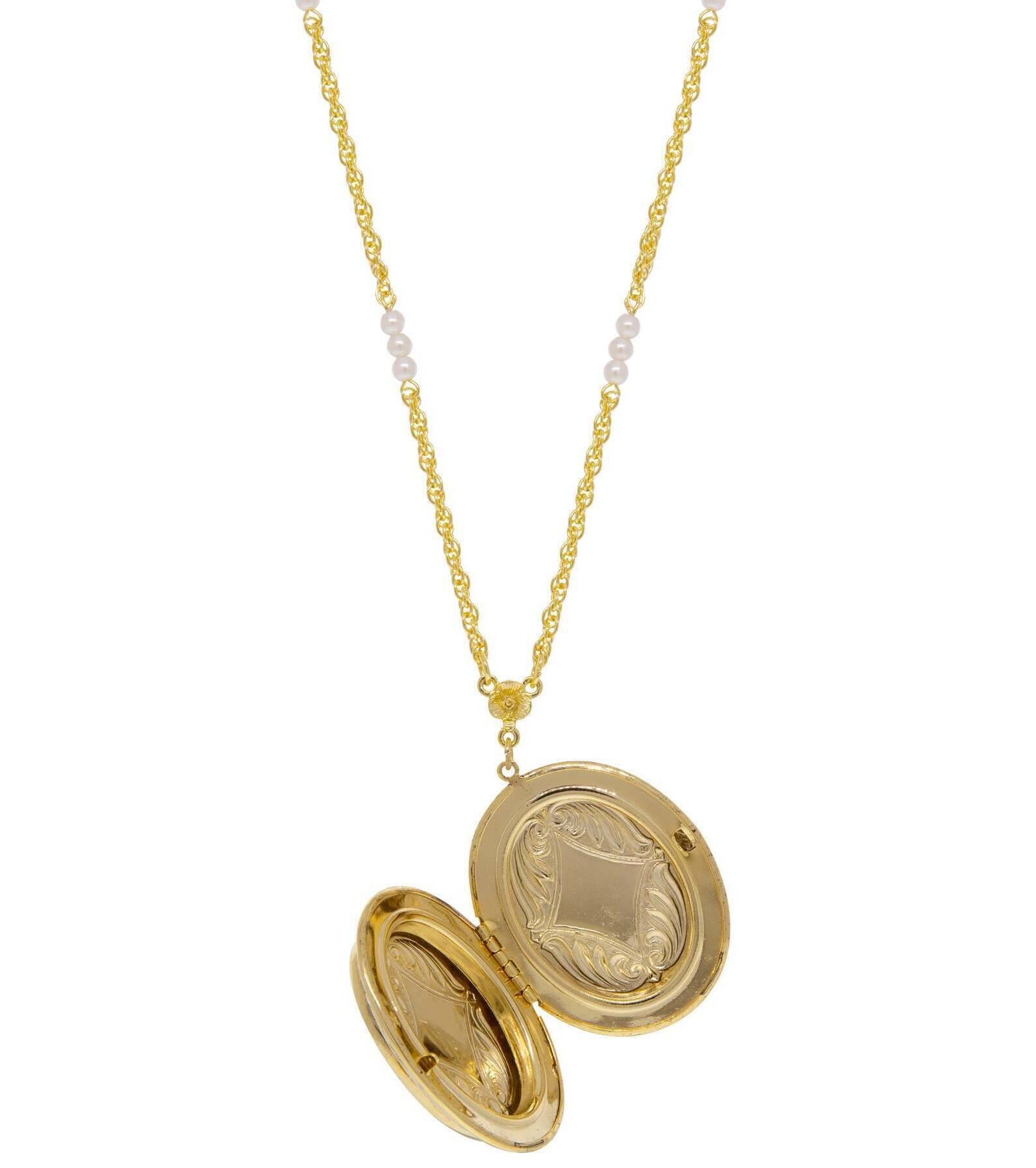 1928 Jewelry Oval Flower & Faux Pearl Two Picture Locket Necklace 30"