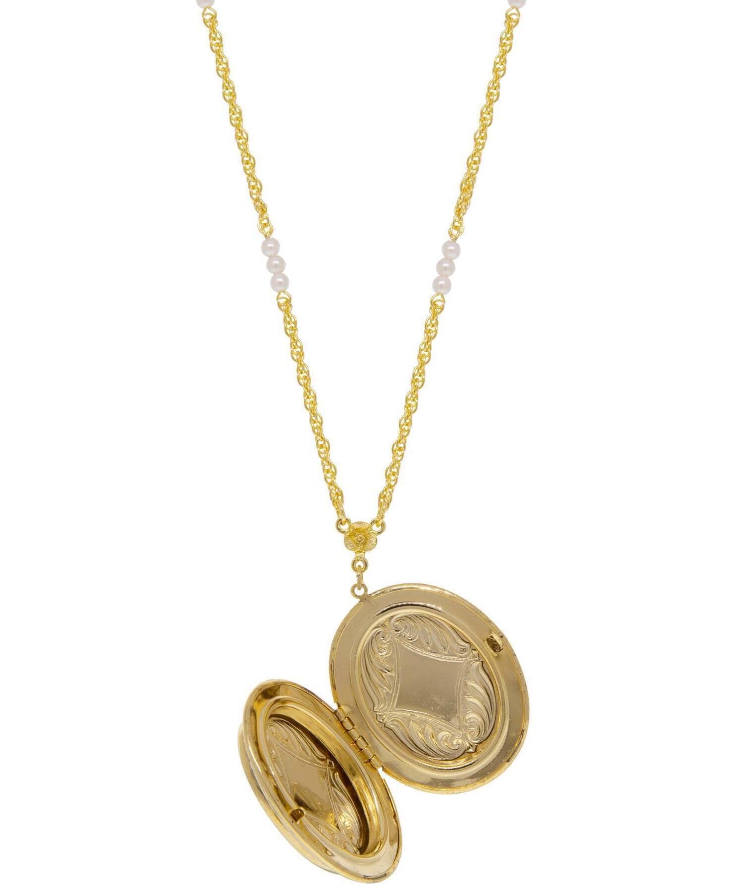 1928 Jewelry Oval Flower & Faux Pearl Two Picture Locket Necklace 30"