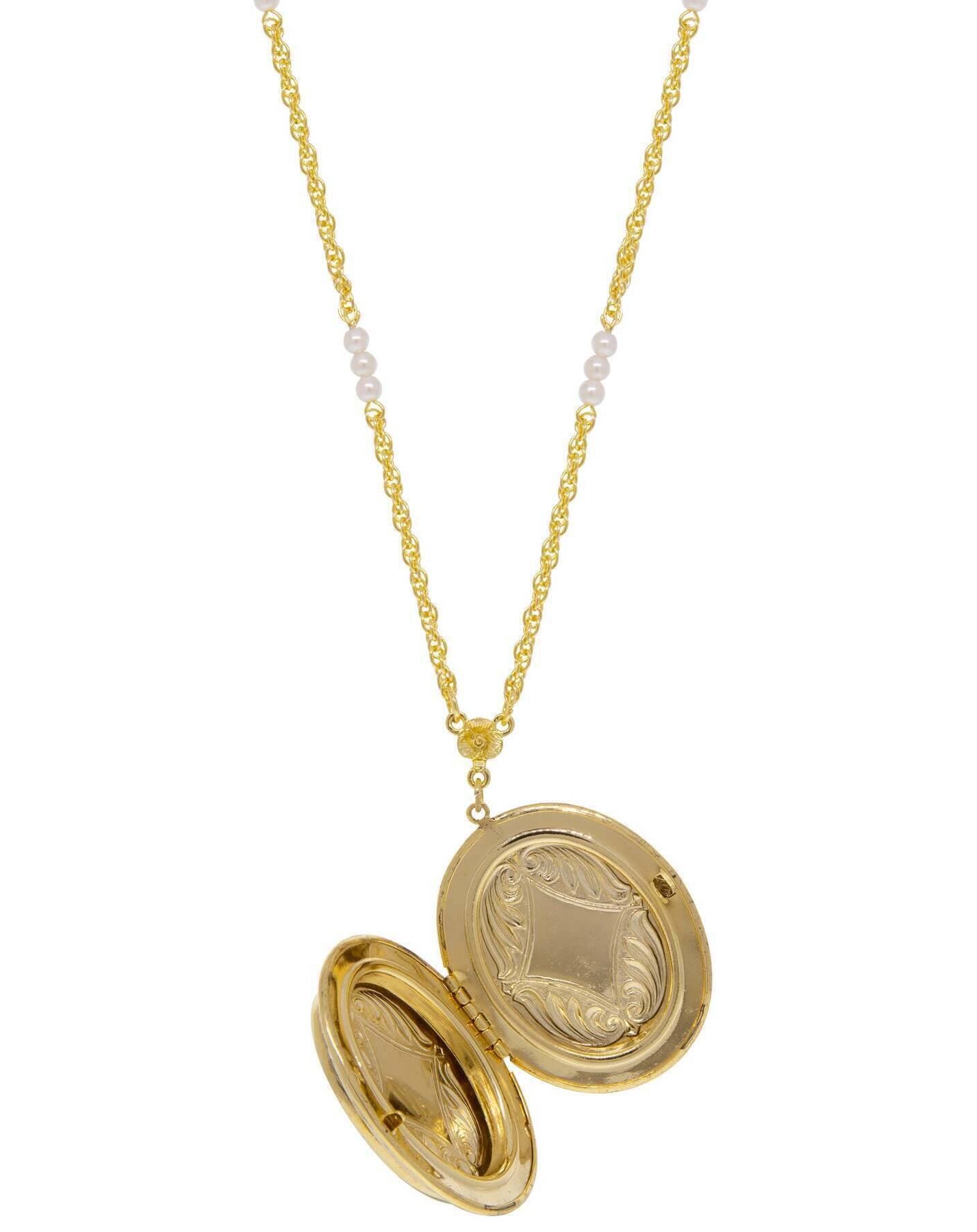 1928 Jewelry Oval Flower & Faux Pearl Two Picture Locket Necklace 30"