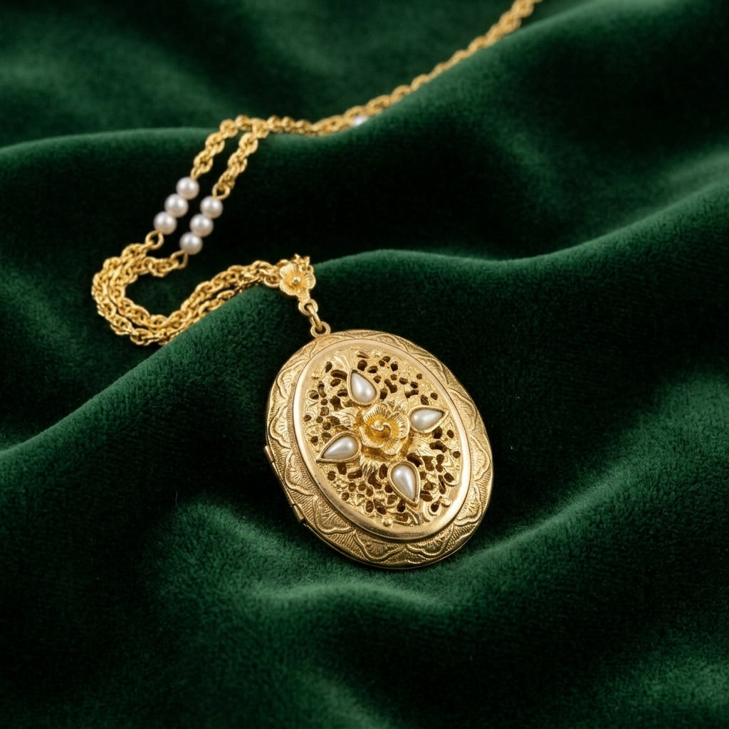 Gold tone Oval Flower & Faux Pearl Two Picture Locket Necklace resting on green fabric