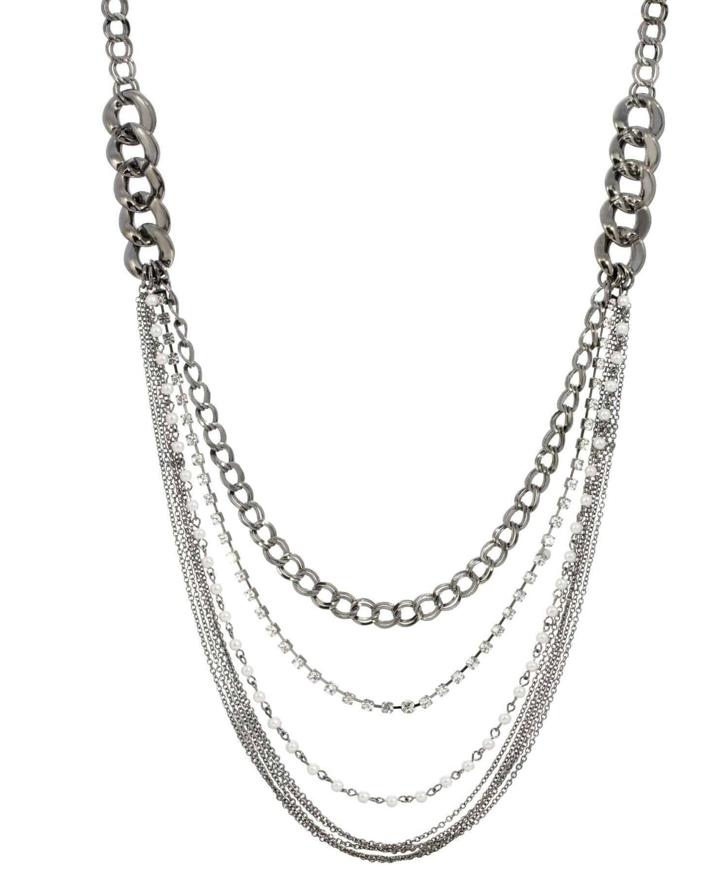 1928 Jewelry Crystal And Faux Pearl Black Multi Chain Link Necklace 32"