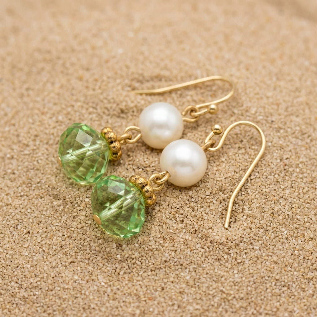 Faux Pearl & Peridot Green Bead Dangle Earrings laying in sand