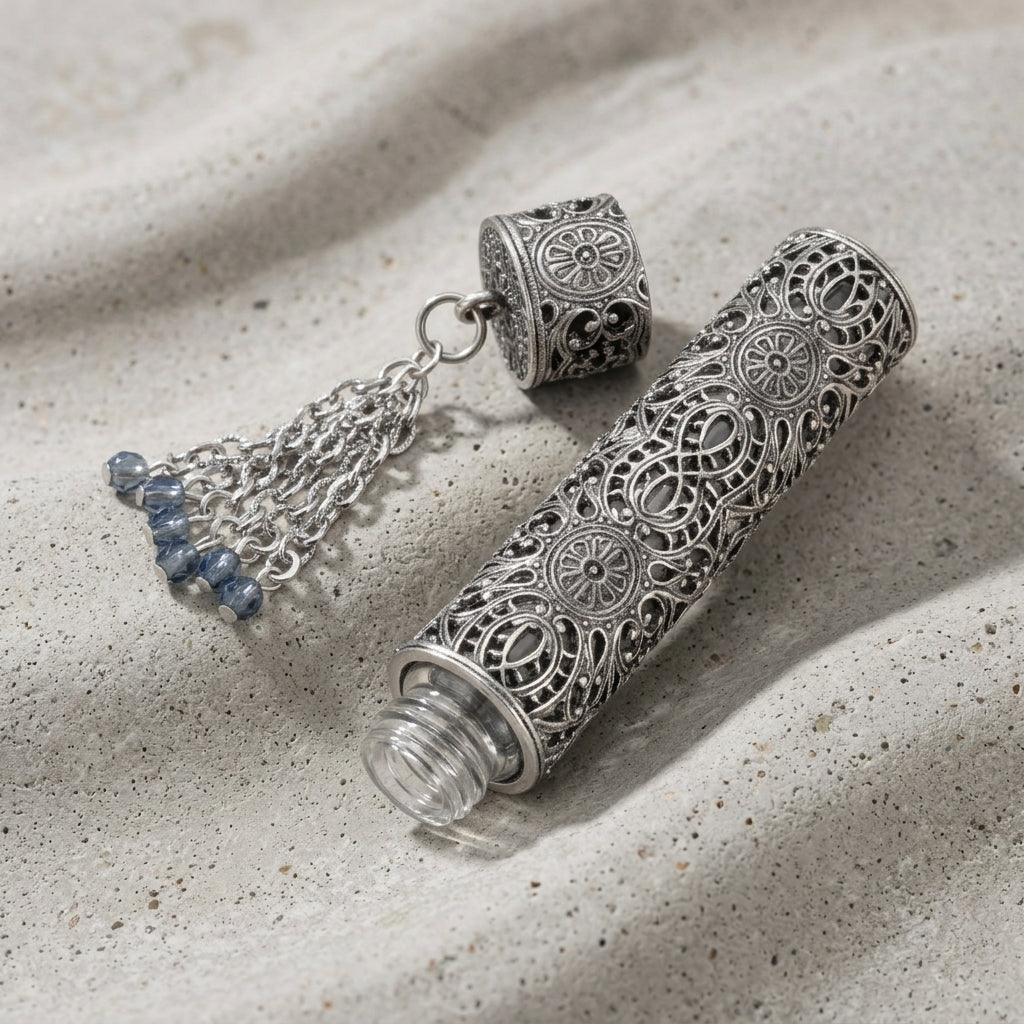 Filigree Glass Vial With Screw Cap & Blue Beaded Tassel resting on a concrete surface