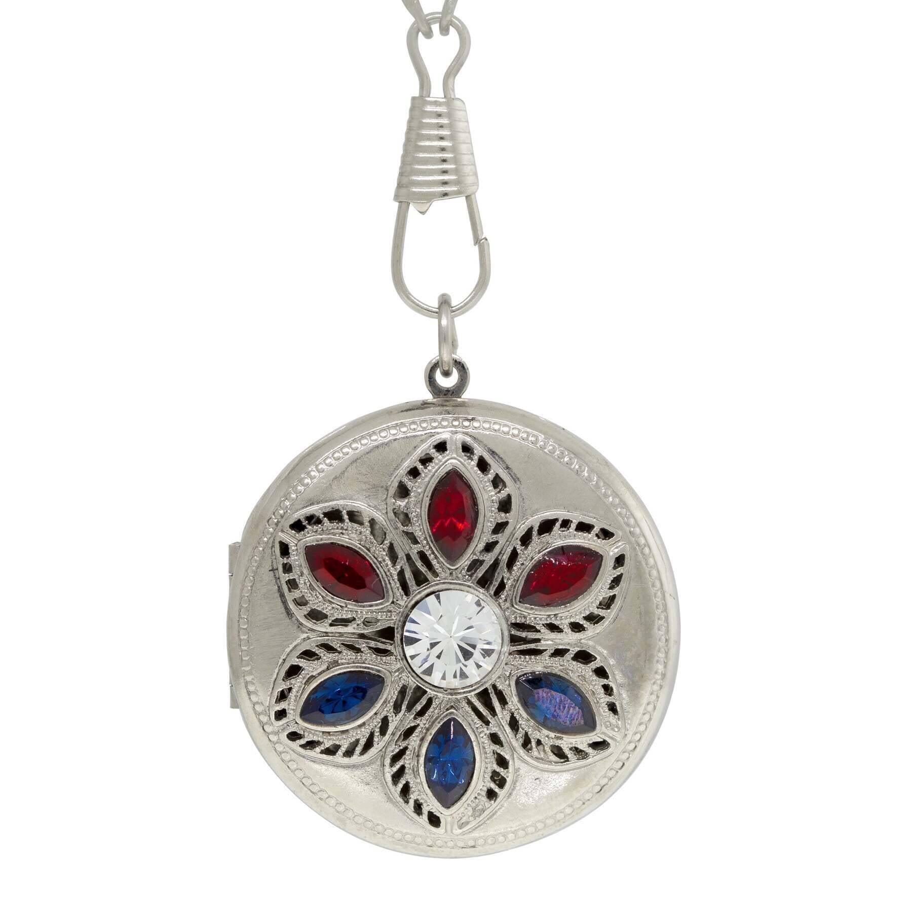 1928 Jewelry Patriotic Red White and Blue Crystal Locket Necklace 28"