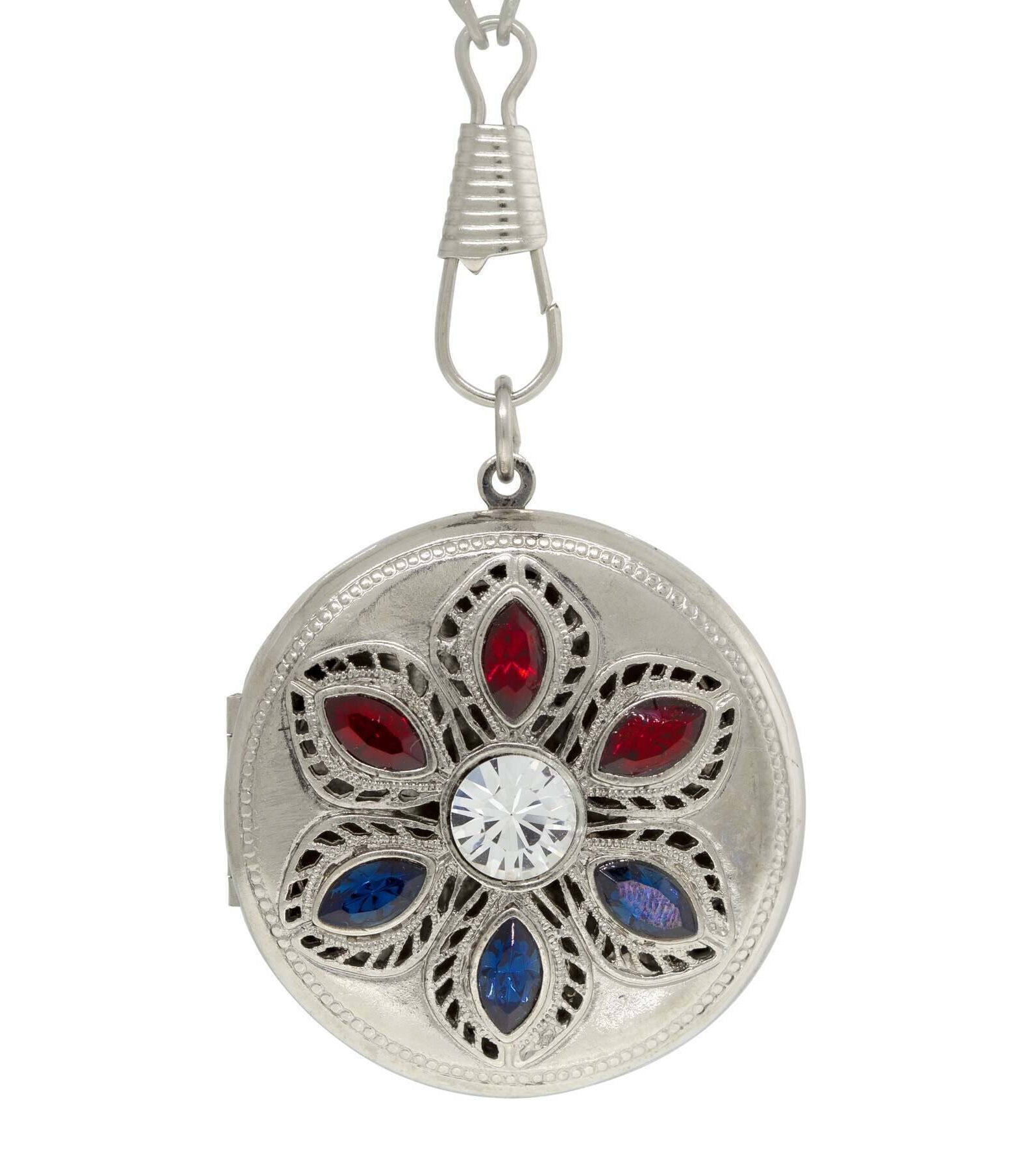 1928 Jewelry Patriotic Red White and Blue Crystal Locket Necklace 28"