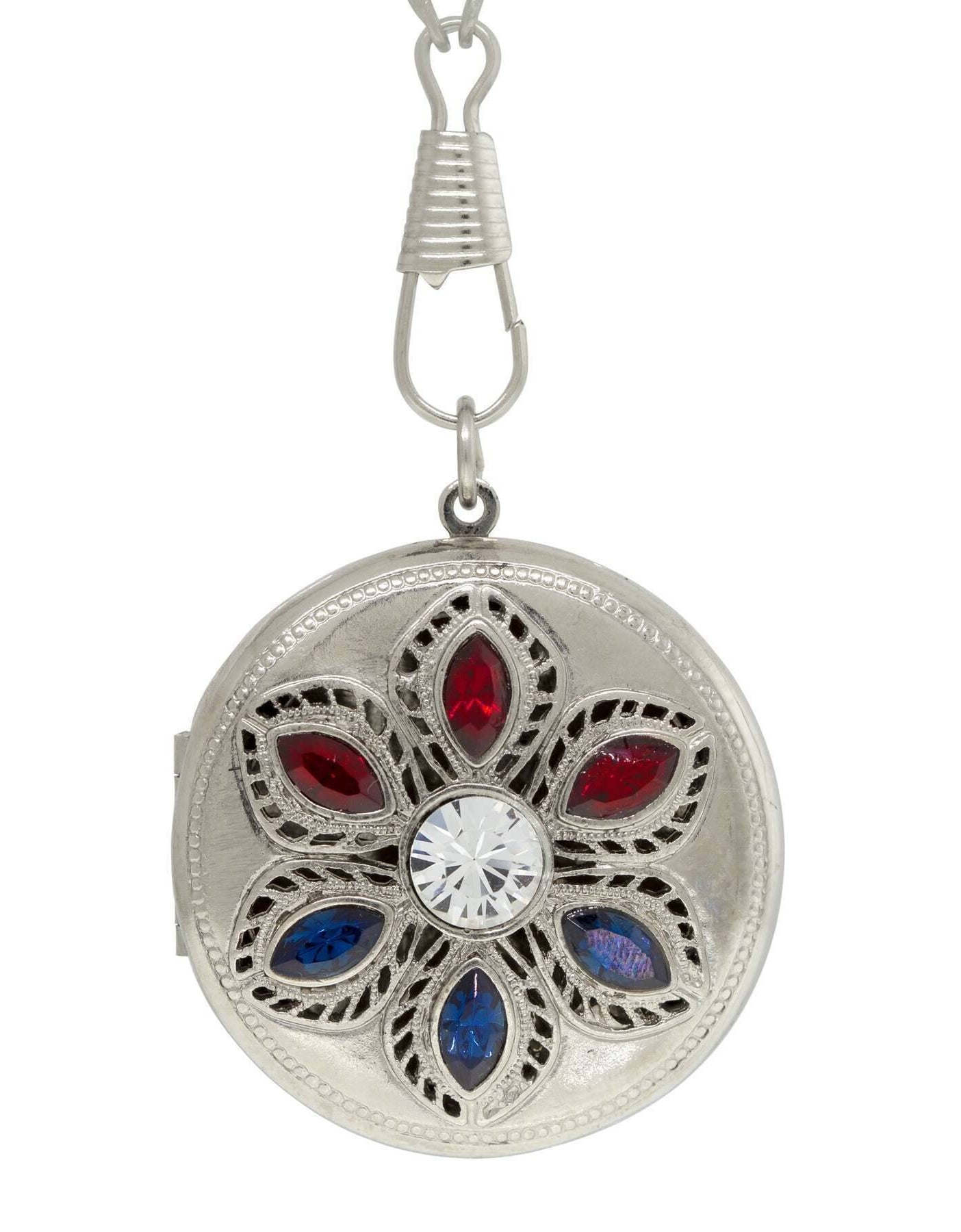 1928 Jewelry Patriotic Red White and Blue Crystal Locket Necklace 28"