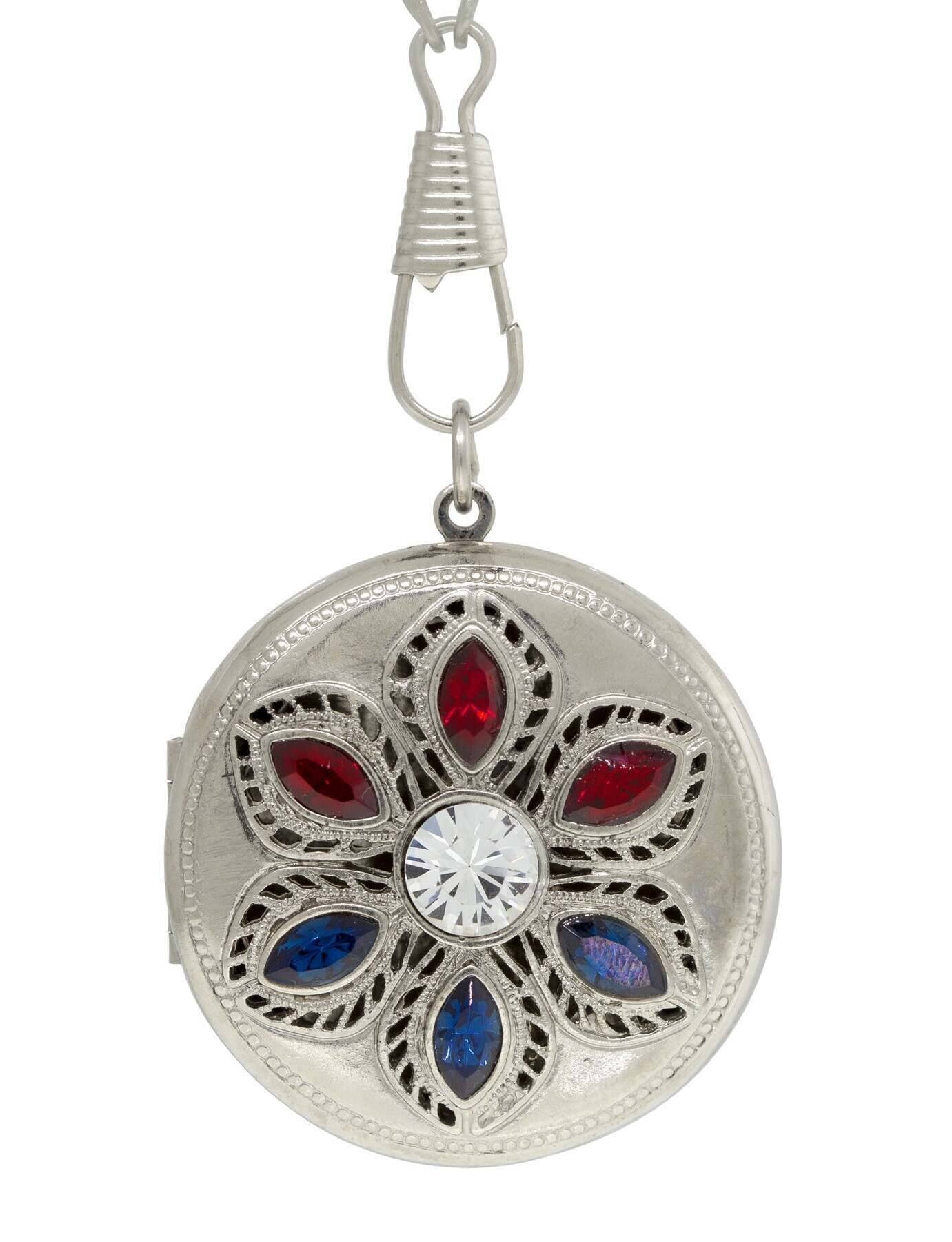 1928 Jewelry Patriotic Red White and Blue Crystal Locket Necklace 28"