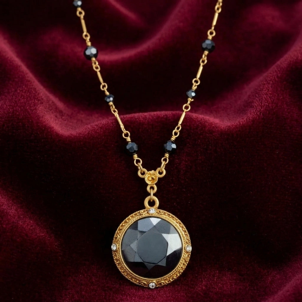 Round Faceted Hematite Glass Stone Pendant Necklace resting on dark red fabric