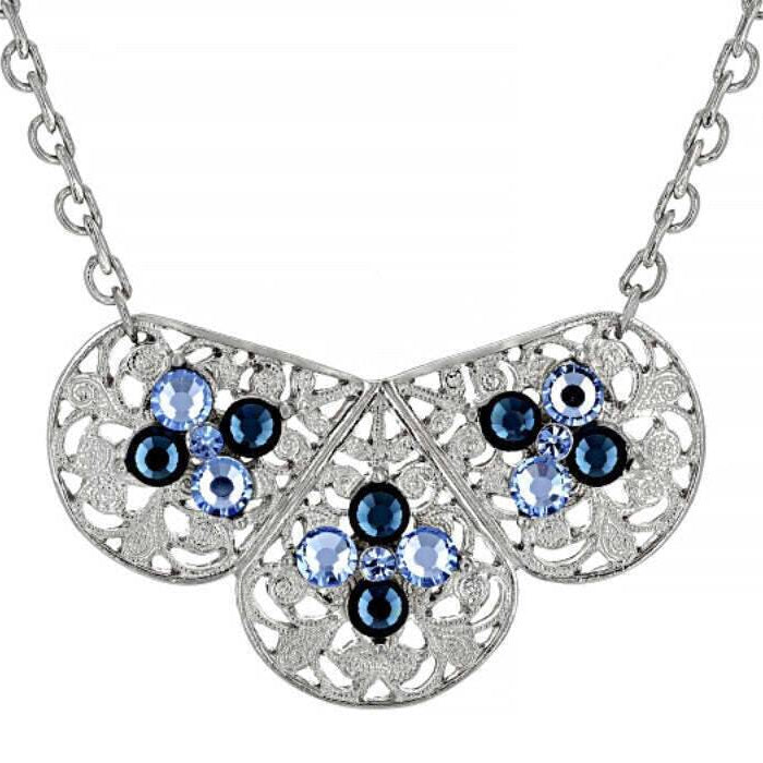 1928 Jewelry Triple Filigree Teardrop Sapphire Blue Crystal Bib Necklace 16" + 3" Extension