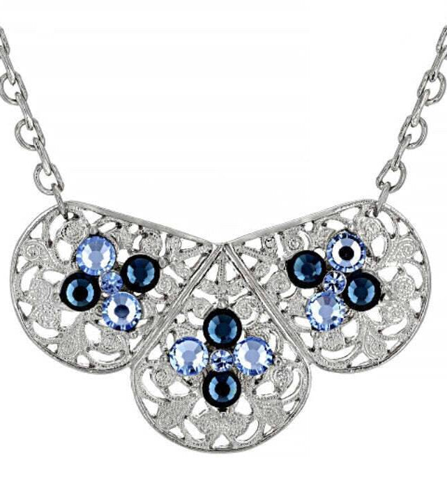 1928 Jewelry Triple Filigree Teardrop Sapphire Blue Crystal Bib Necklace 16" + 3" Extension