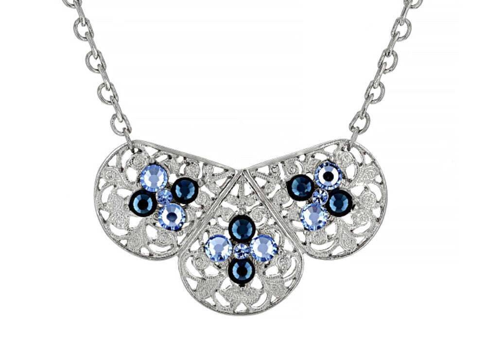 1928 Jewelry Triple Filigree Teardrop Sapphire Blue Crystal Bib Necklace 16" + 3" Extension