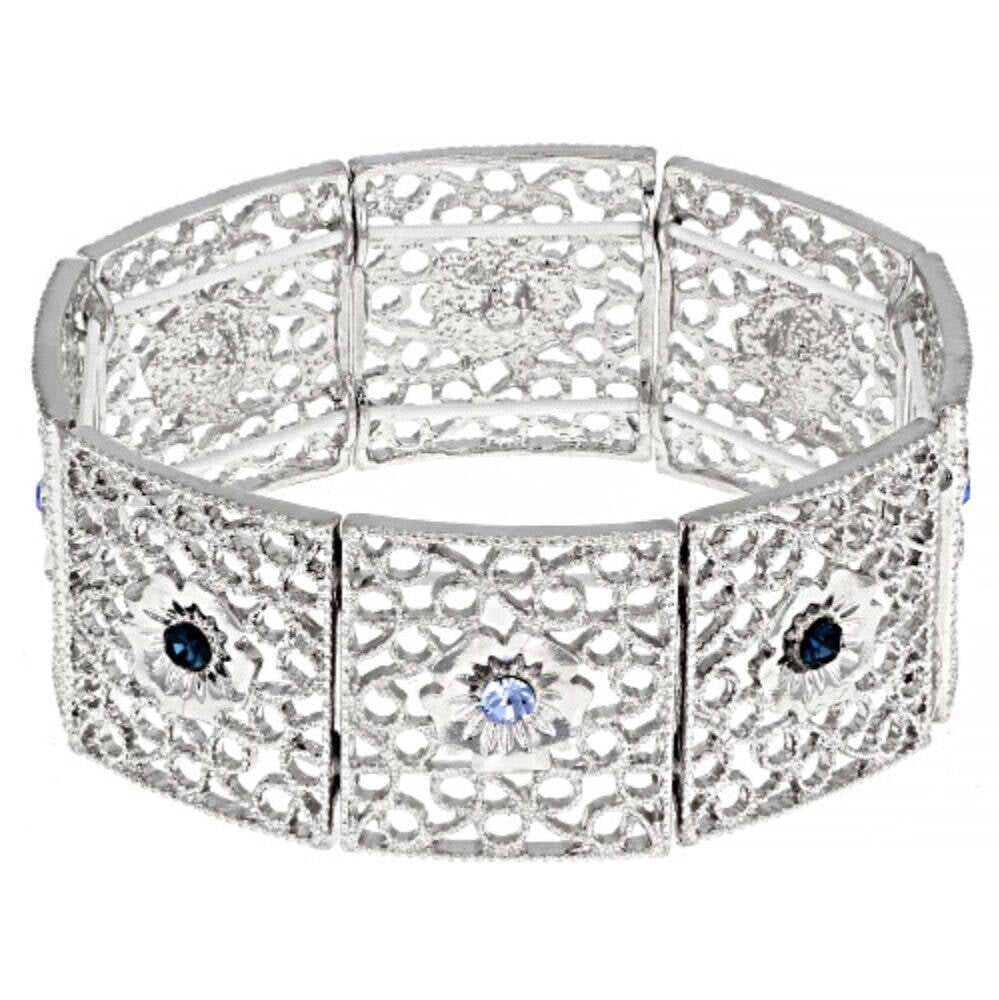 1928 Jewelry Sapphire Blue Crystal Filigree Stretch Bracelet
