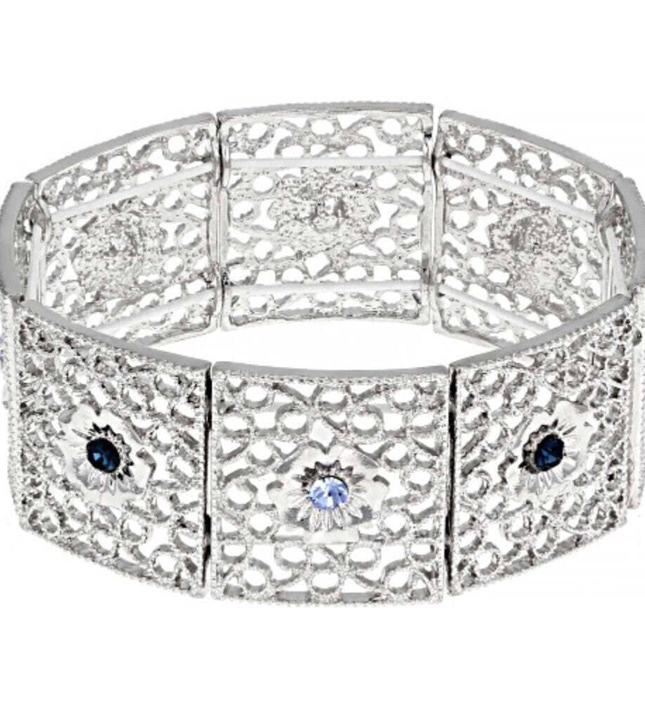 1928 Jewelry Sapphire Blue Crystal Filigree Stretch Bracelet