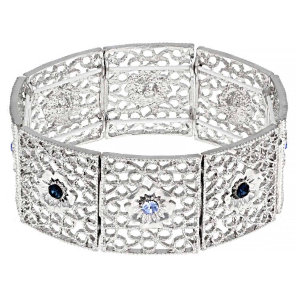 1928 Jewelry Sapphire Blue Crystal Filigree Stretch Bracelet