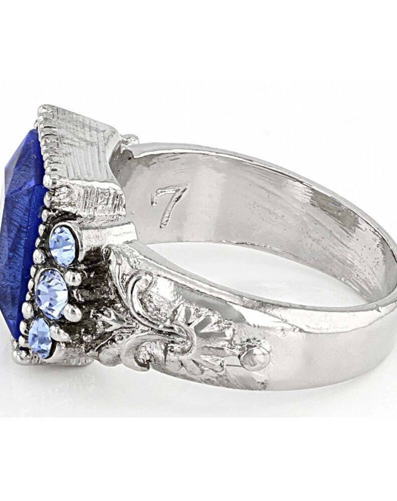 1928 Jewelry Sapphire Blue German Glass Stone & Crystal Ring