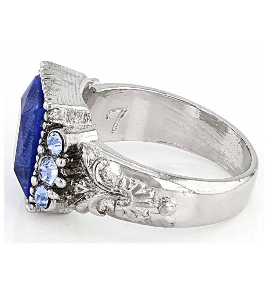 1928 Jewelry Sapphire Blue German Glass Stone & Crystal Ring