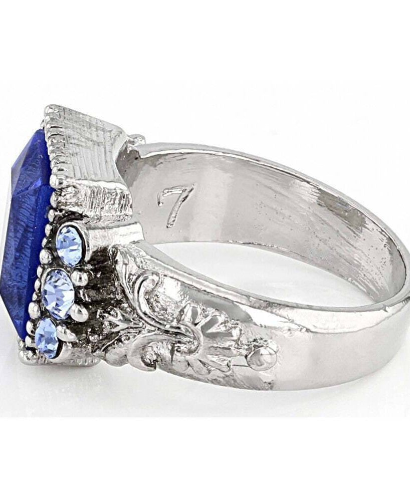 1928 Jewelry Sapphire Blue German Glass Stone & Crystal Ring