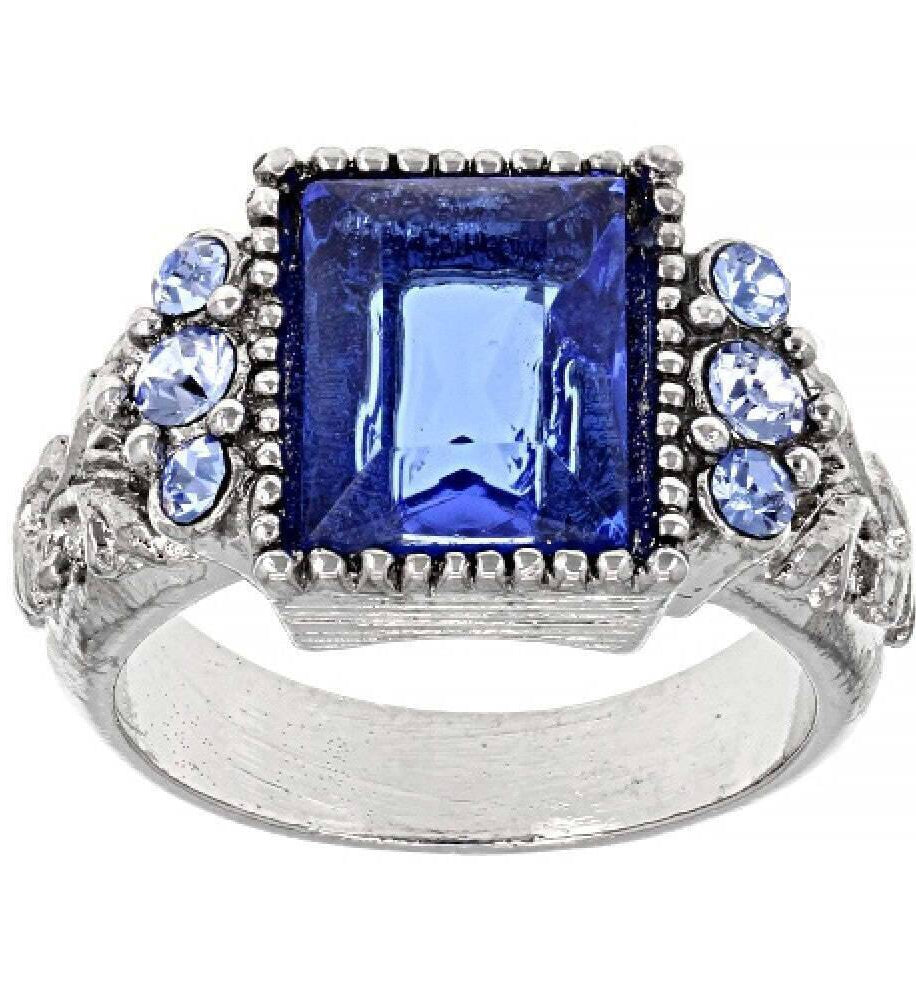 1928 Jewelry Sapphire Blue German Glass Stone & Crystal Ring