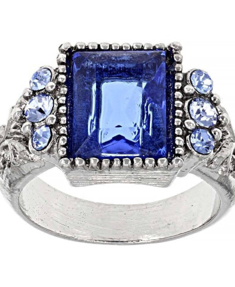 1928 Jewelry Sapphire Blue German Glass Stone & Crystal Ring