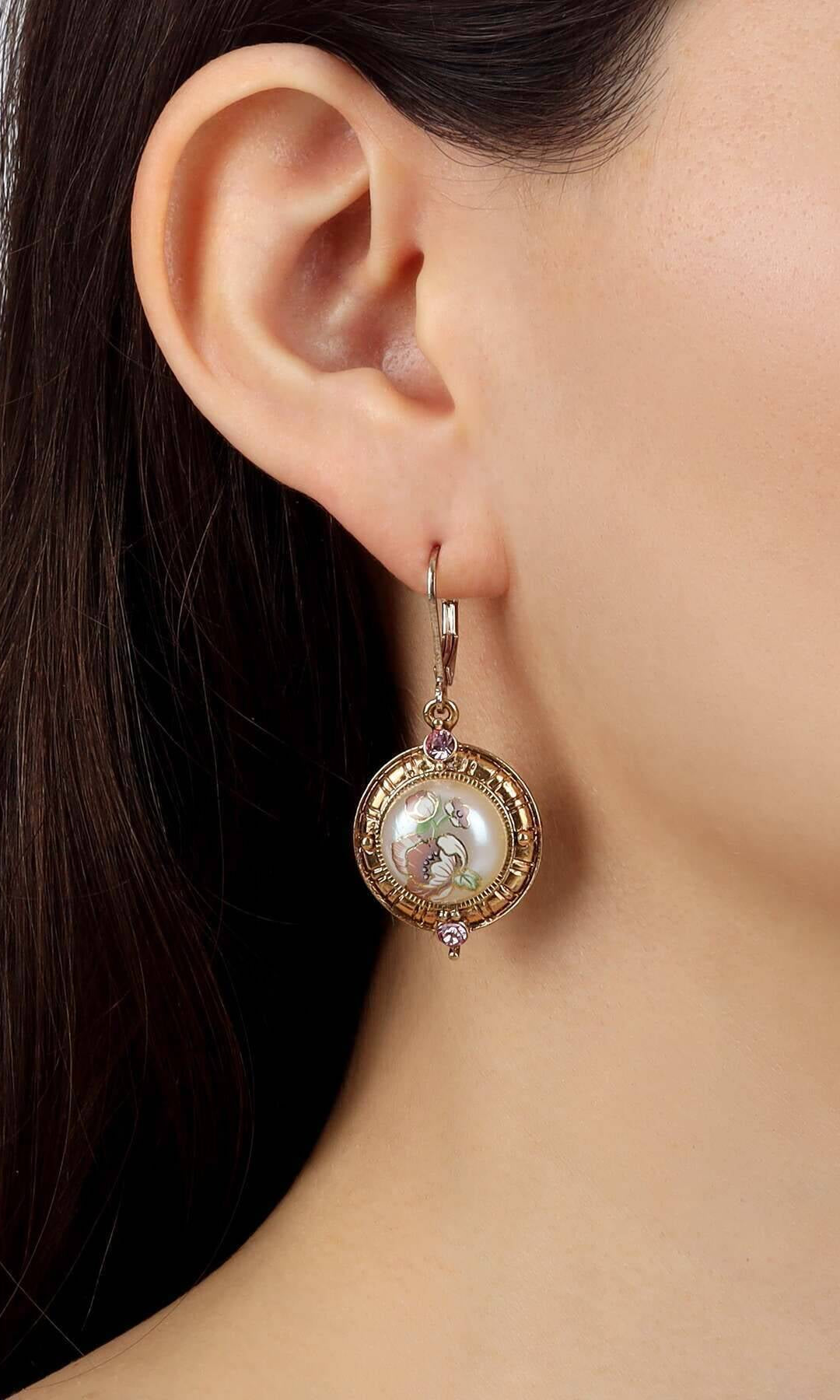 1928j Jewelry Light Rose Pink Crystal & Faux Pearl Pink Flower Decal Drop Earrings