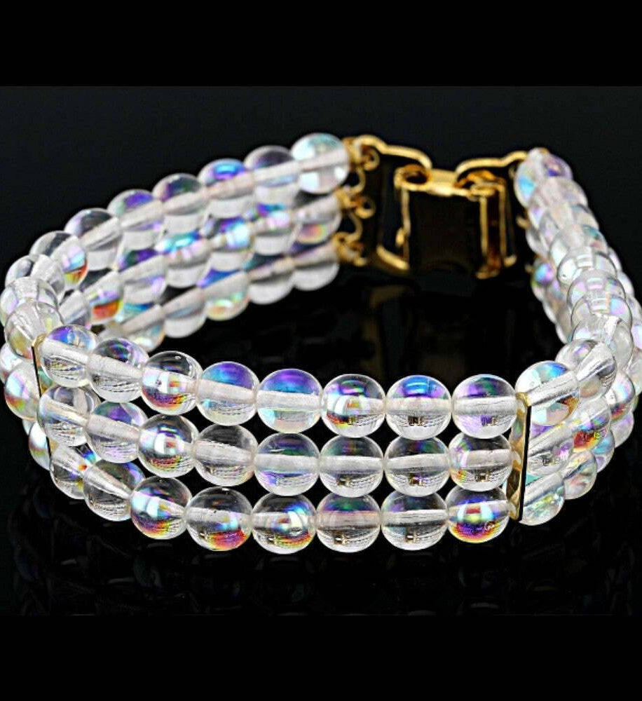 1928 Jewelry Round Three Row AB Glass Beaded Bracelet