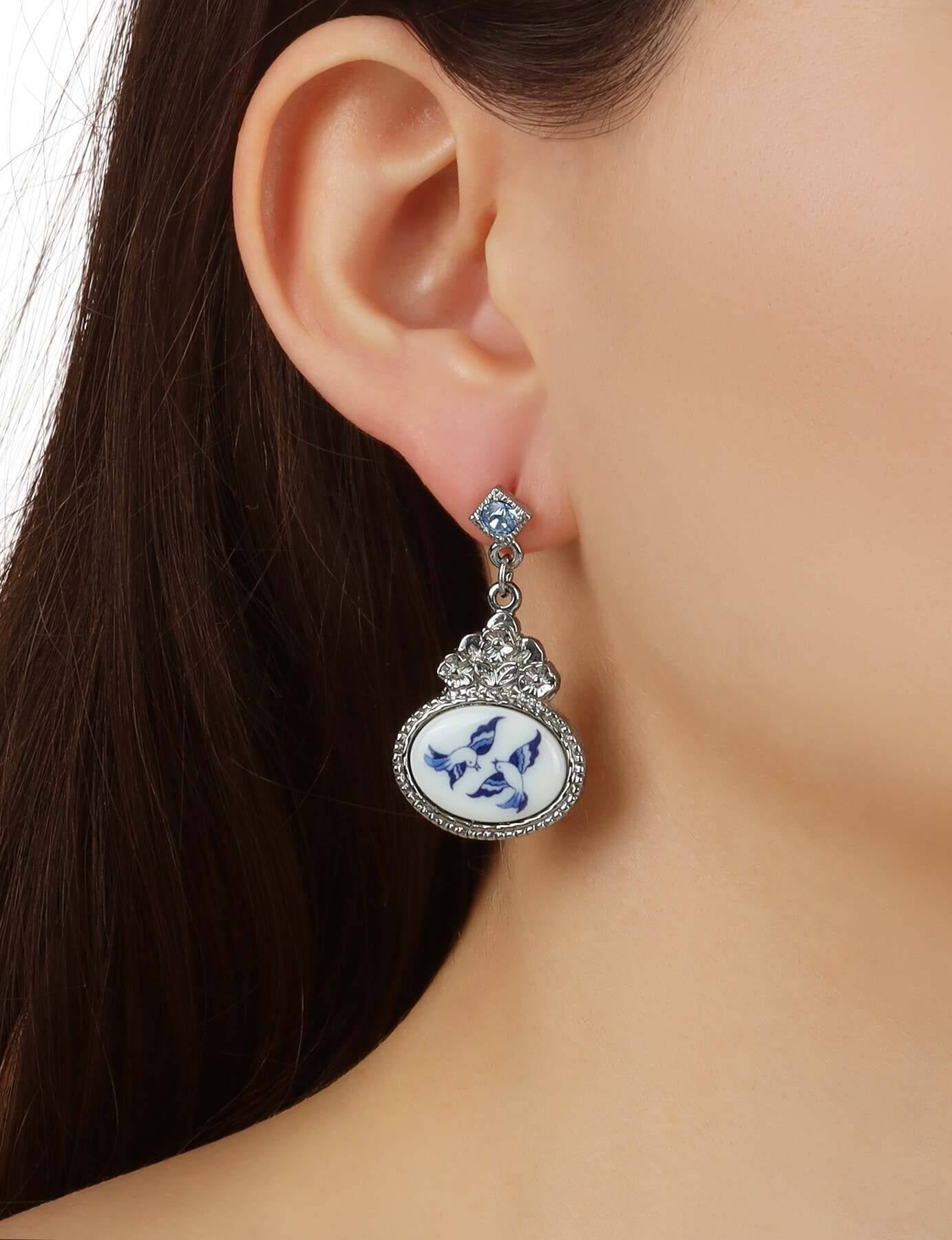 1928 Jewelry Blue Willow Flower Light Sapphire Crystal Post Drop Earrings