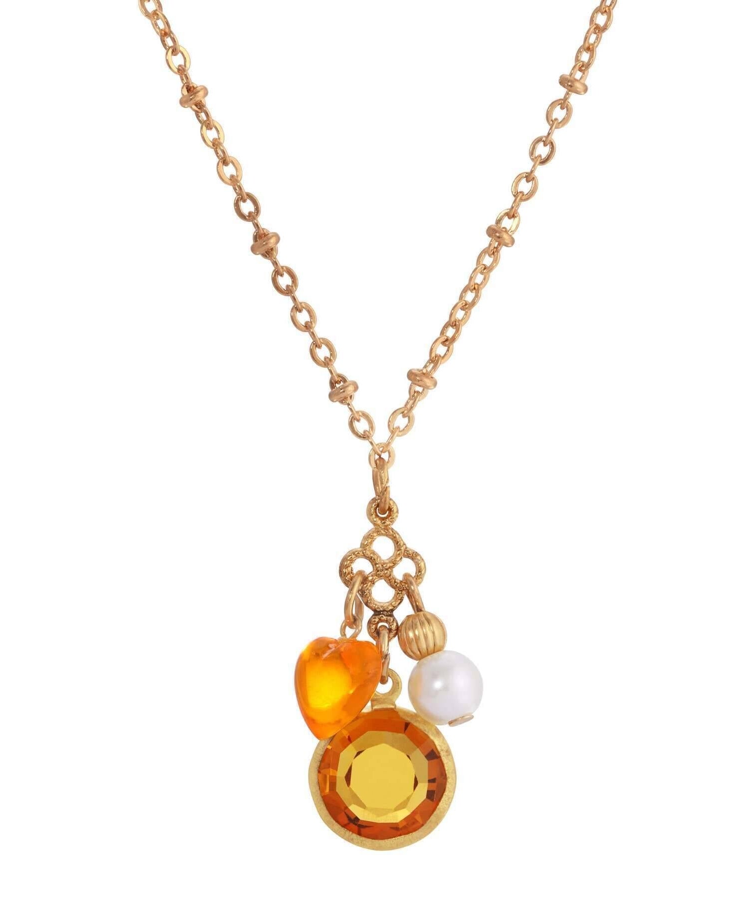 1928 Jewelry Channel Crystal Heart & Pearl Charm Pendant Necklace 16"