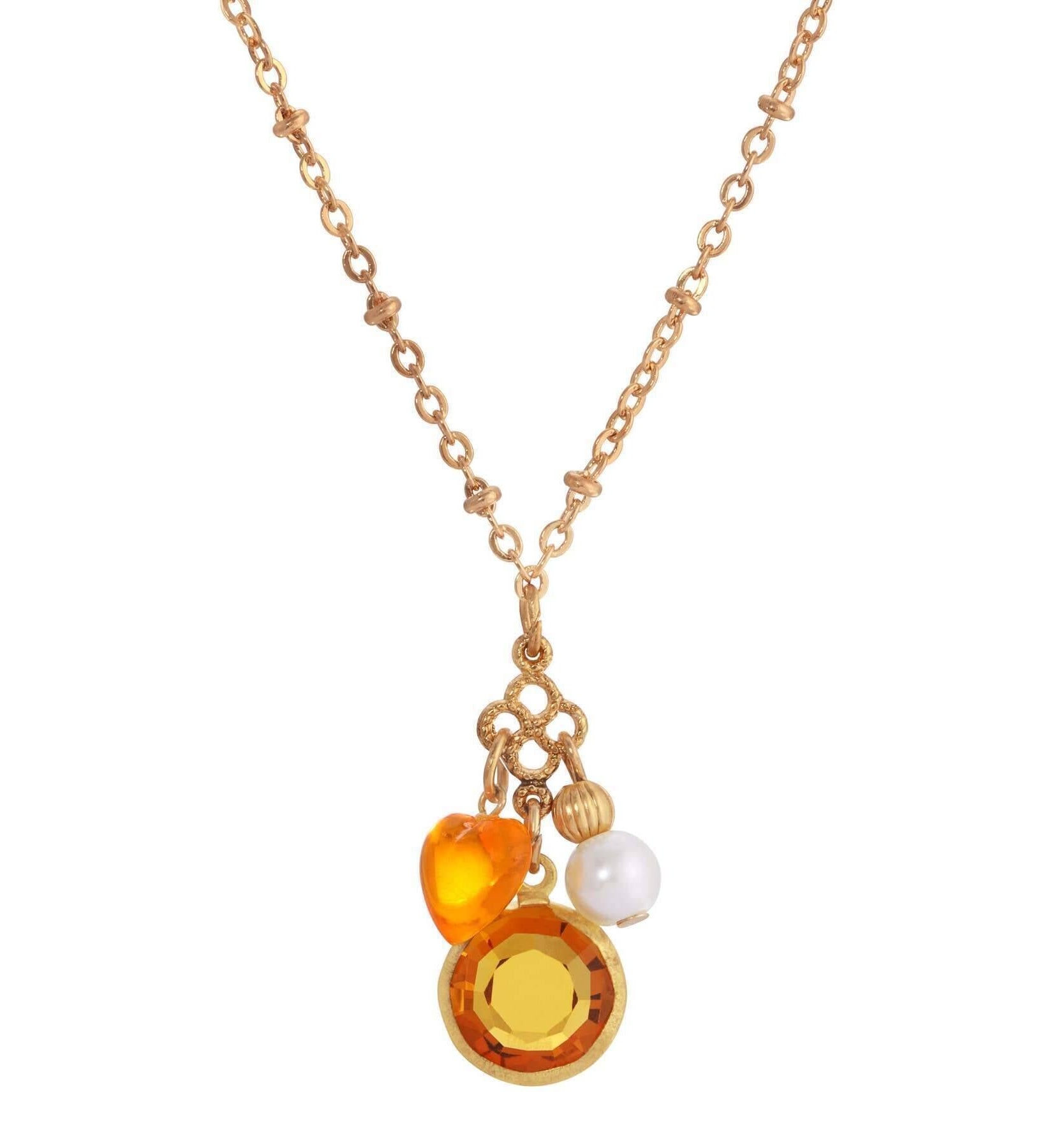 1928 Jewelry Channel Crystal Heart & Pearl Charm Pendant Necklace 16"